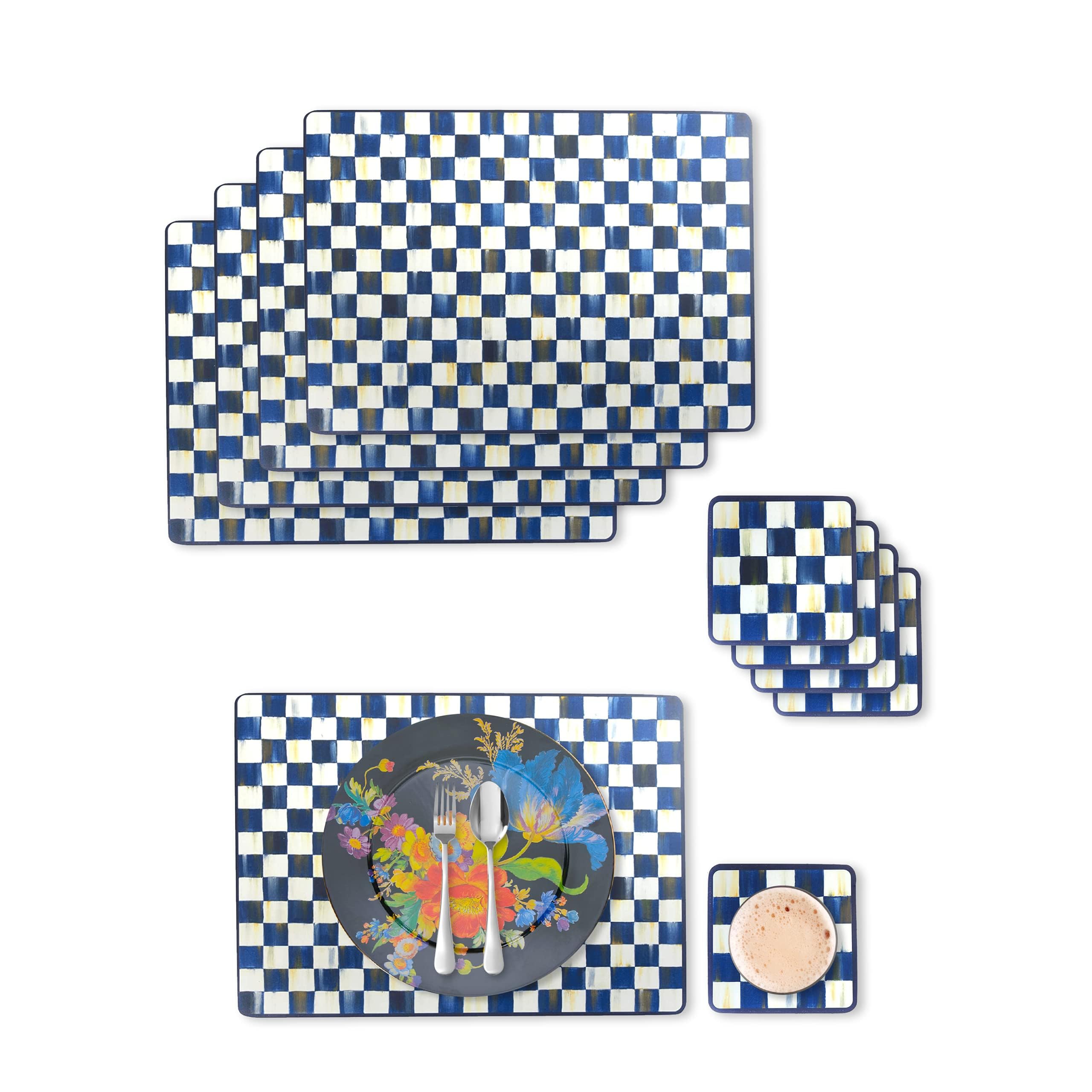 Royal Check Placemat and Coaster Set by MACKENZIE-CHILDS - 4 Placemats & 4 Coasters, Durable Hard Finish - Perfect for Formal Dining, Holiday Tablescapes & Elegant Home Decor