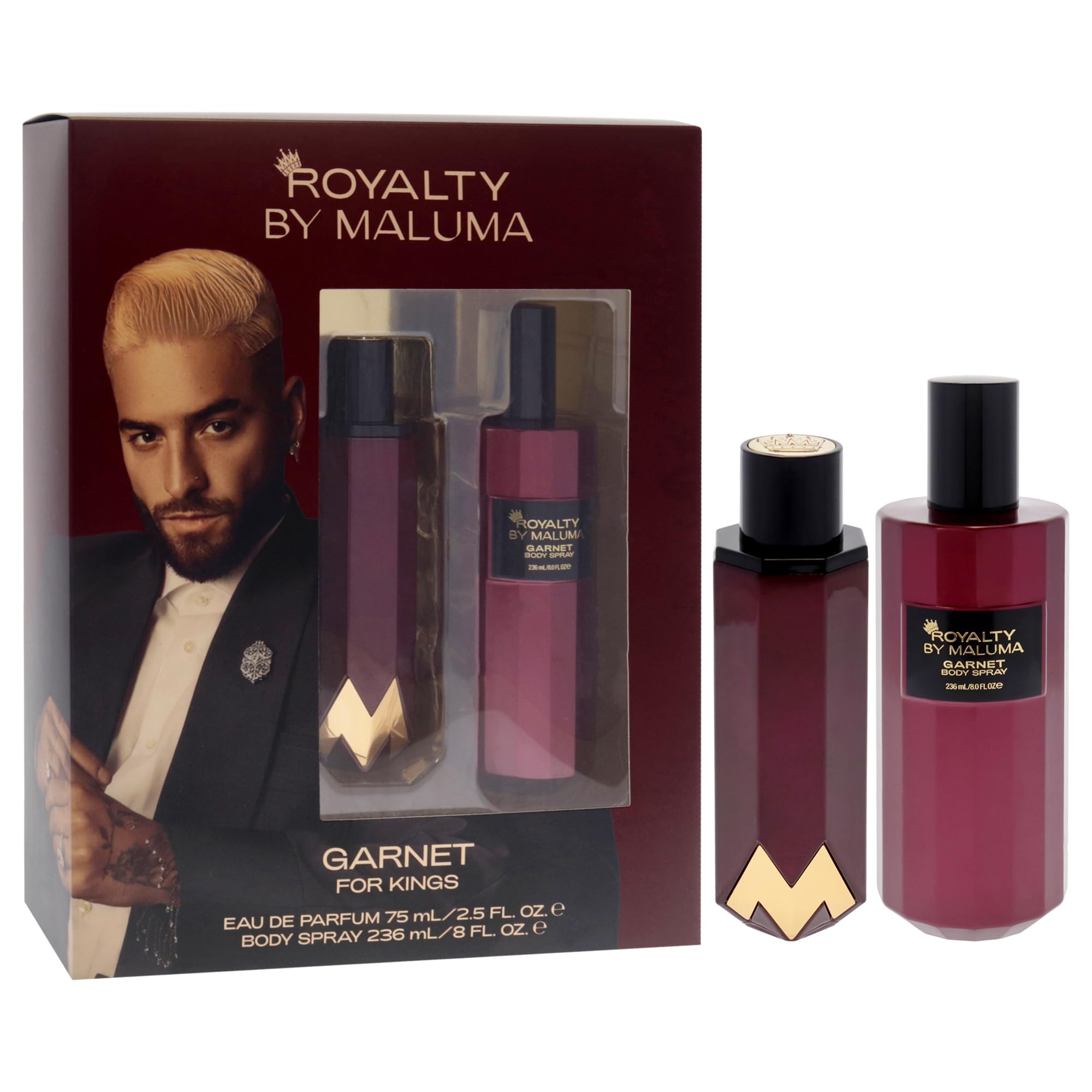 Garnet by Royalty By Maluma for Men - 2 Piece Gift Set (2.5oz EDP Spray + 8oz Body Spray) | Cologne & Fragrance Gift for Him | Date Night, Special Occasions