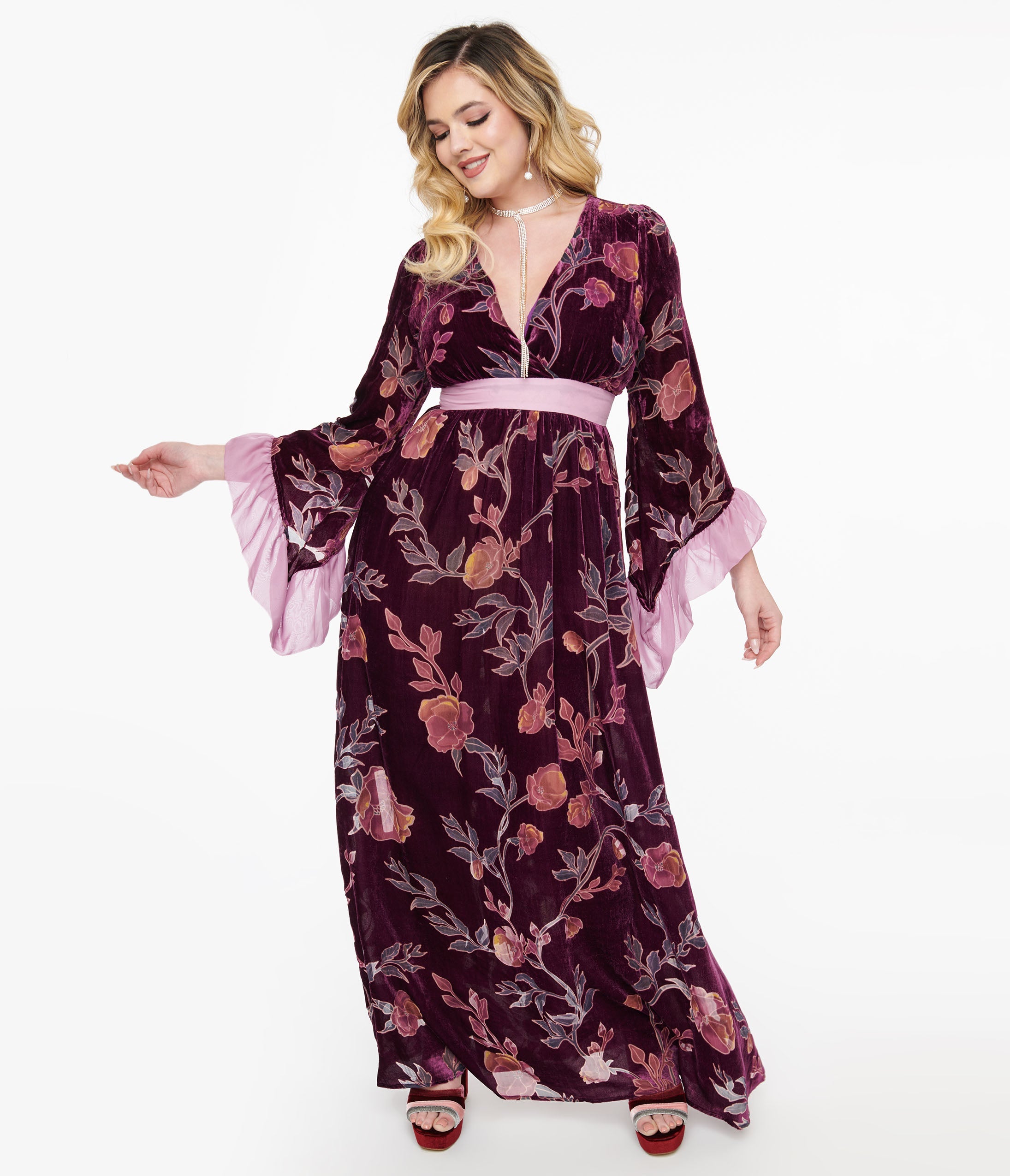 Vintage 1970s Purple Floral Burnout Velvet Maxi Dress - Retro Bohemian Hippie Style for Women, Perfect for Music Festivals, Parties & Special Occasions