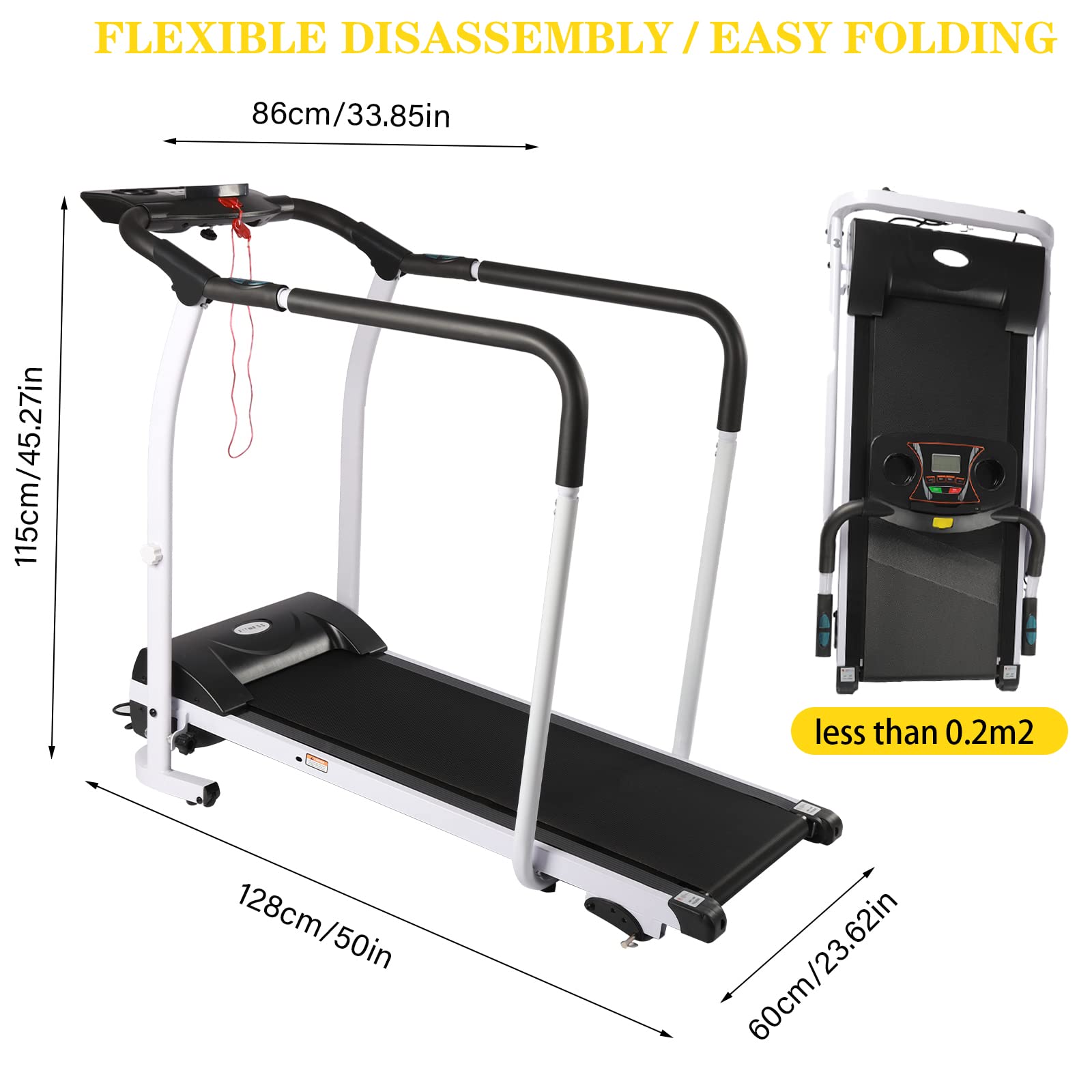 Folding Motorized Treadmill with LCD Display - 2.25HP Quiet Electric Running Machine, Long Handrail for Balance & Safety, Phone/Cup Holder, 220 lbs Capacity - Perfect for Home Gym, Cardio Workout & Physical Therapy Recovery