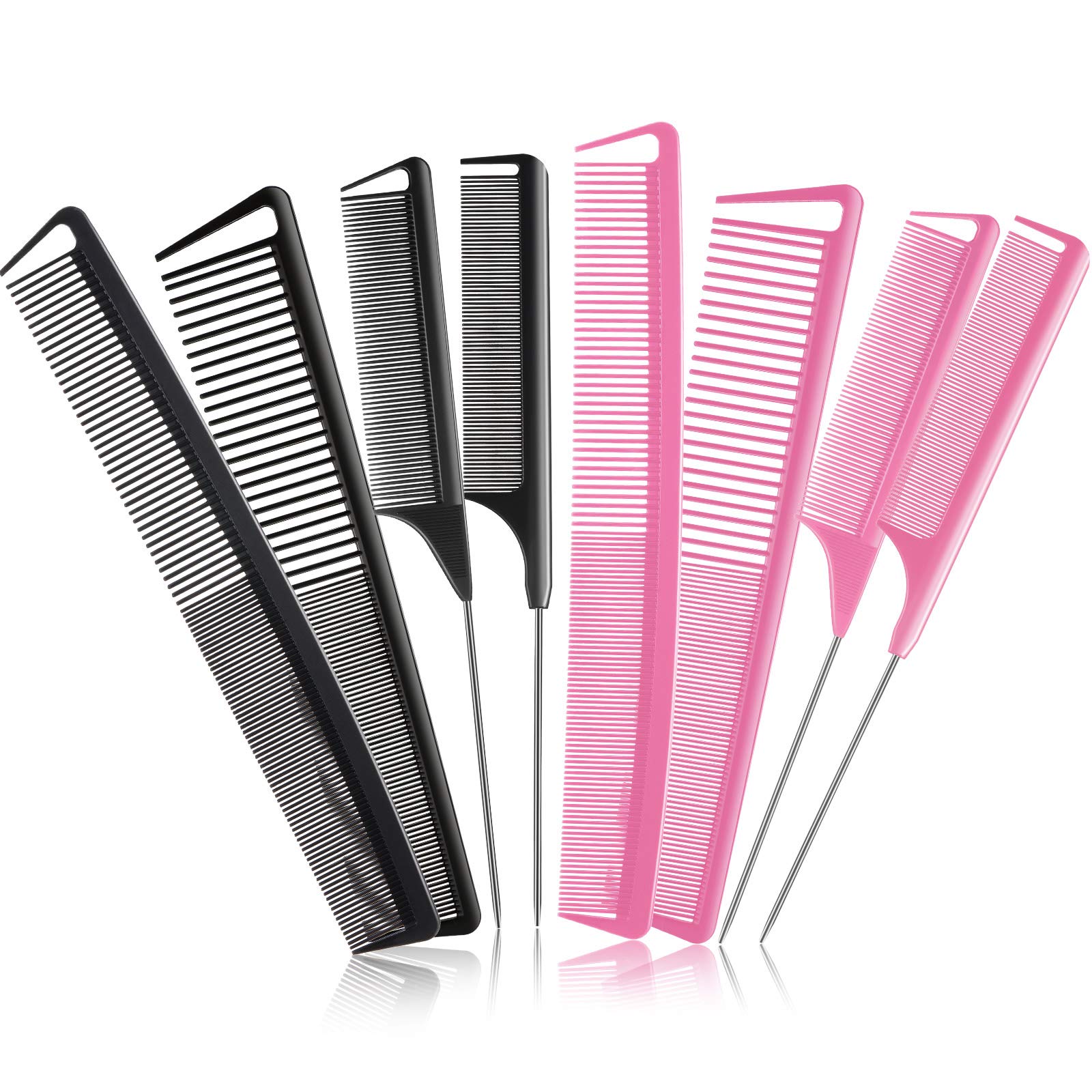 8-Piece Fine Tooth Rat Tail Combs for Women – Carbon Fiber Teasing & Styling Comb Set for Parting, Braiding, Cutting – Salon & Home Hairdressing Supplies (Black & Pink) – Perfect for Salon Stylists, DIY Haircuts & At-Home Hairstyling