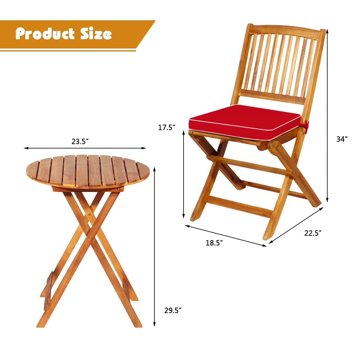Giantex 3-Piece Patio Bistro Set - Wooden Folding Table with 2 Cushioned Chairs, Outdoor Garden Furniture for Yard, Deck, or Balcony - Natural & Red Wood Finish - Perfect for Small Spaces, Morning Coffee, and Outdoor Dining