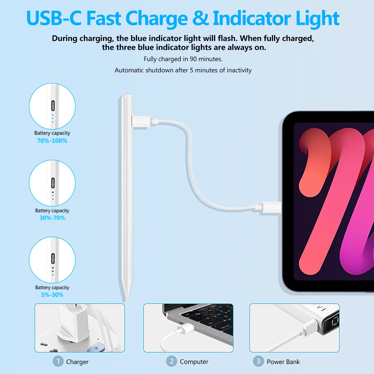 Apple Pencil Alternative for iPad 10th/9th Generation - Stylus Pen Compatible with iPad 2018-2022 Models (10th/9th/8th/7th/6th Gen, Air, Pro, Mini) - 15 Min Fast Charging, Palm Rejection & Tilt Sensitivity - White - Perfect for Drawing, Note Taking & Digital Art