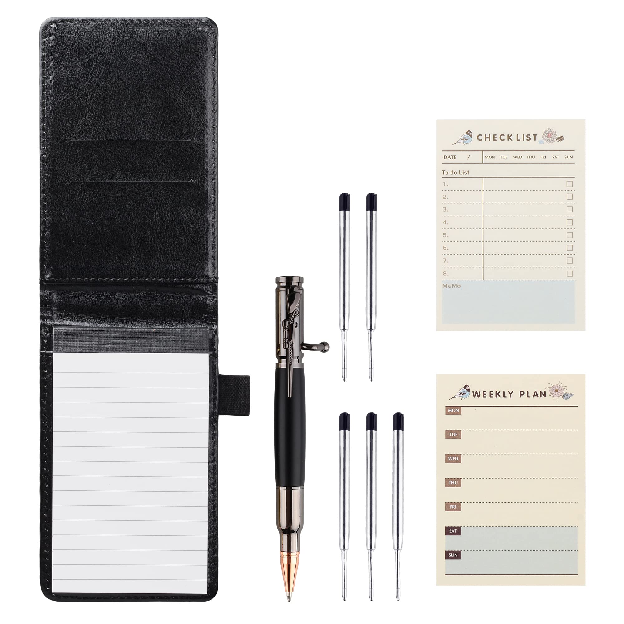 SMOOTHERPRO Mini Notepad Holder Set - Pocket Size with 11 Pieces Including Weighted Bolt Action Pen, 50-Sheet Memo Book, 60-Sheet To-Do List & Weekly Planner Refills (Black, MN135BK) - Perfect for Office, School, Travel & Daily Organization