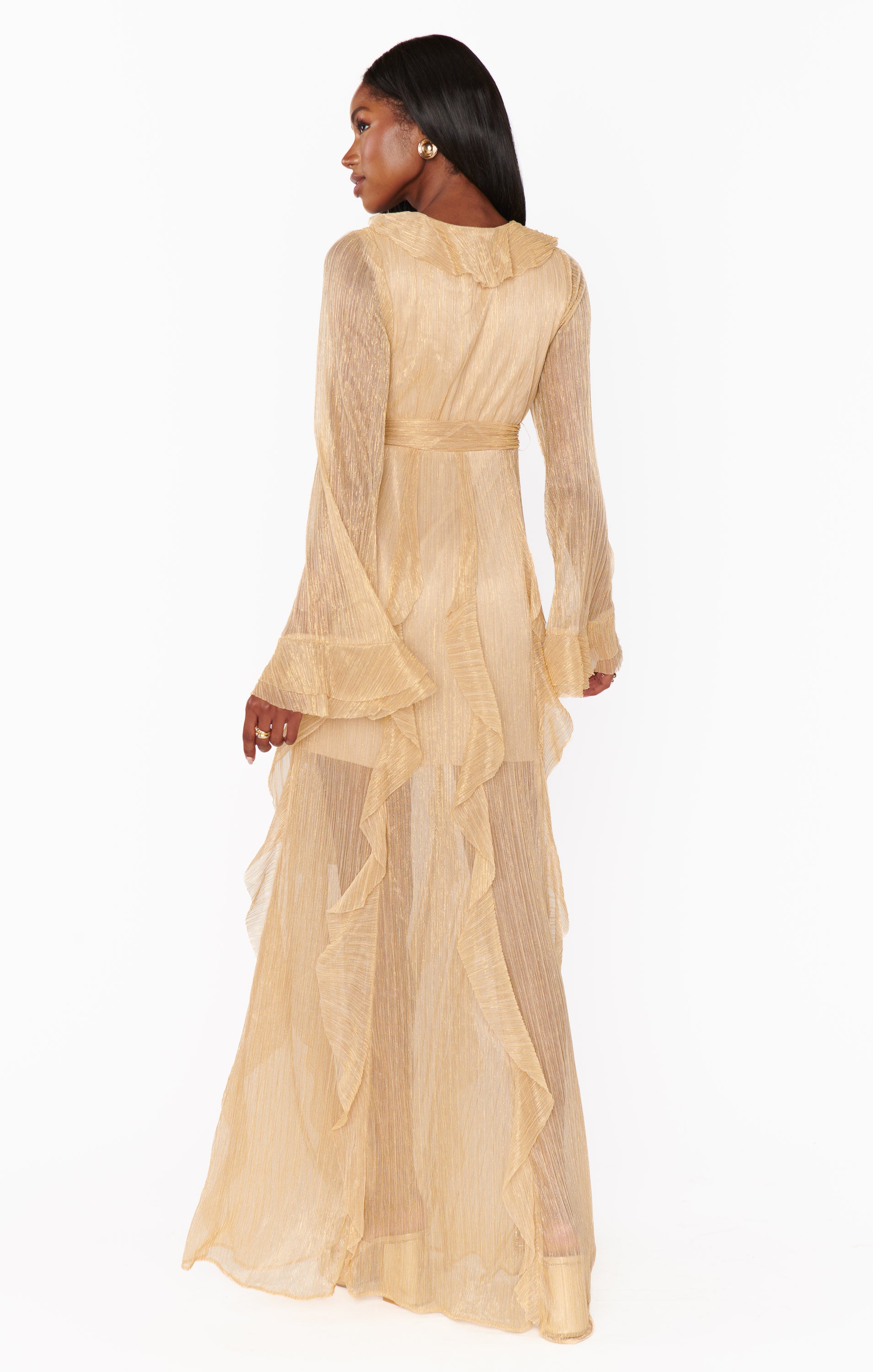 Jenny Ruffle Maxi Dress in Gold Glimmer - Elegant Flowy Long Dress for Women, Perfect for Weddings, Parties & Special Occasions