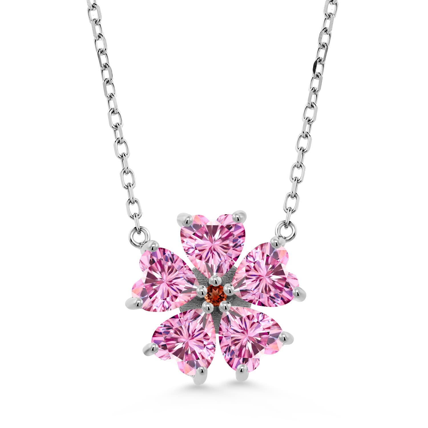 Gem Stone King 925 Sterling Silver Heart Pendant Necklace with Chain - Pink Created Moissanite & Red Garnet (4.05 Cttw) - Perfect for Valentine's Day, Anniversary Gifts & Romantic Occasions