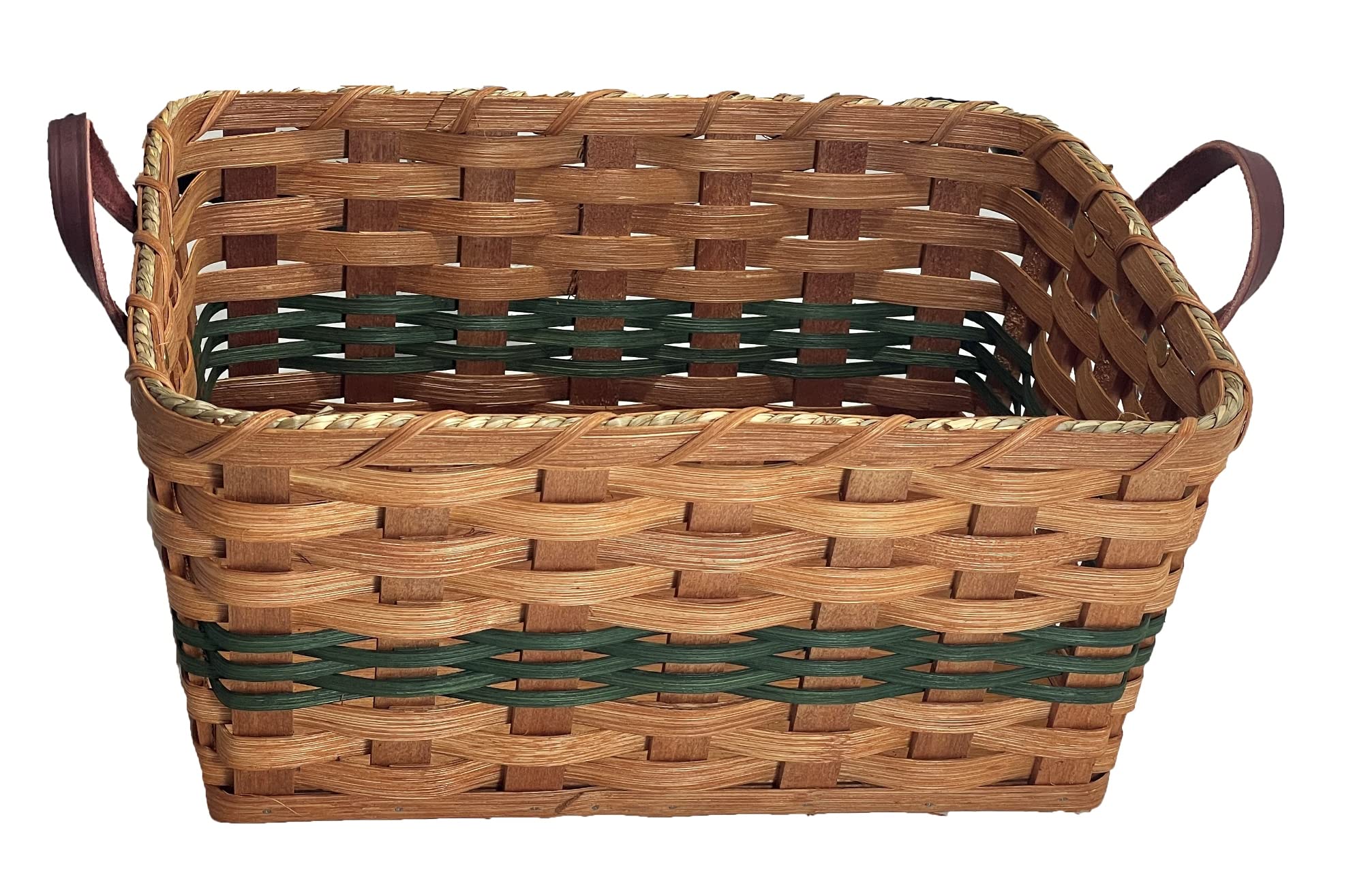 Amish Handmade Oak Rectangular Storage Basket with Handles - Green - Perfect for Knitting & Sewing Supplies, Home Organization, and Farmhouse Decor