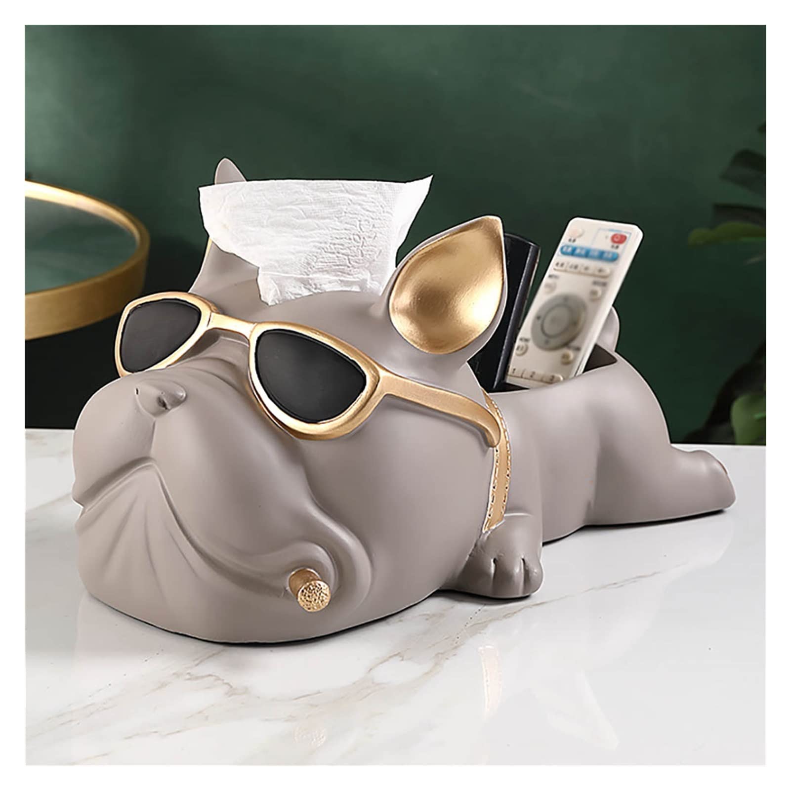PEONTR Tissue Box Storage Tray - Bulldog Figure Resin Snack Holder Organizer with Bow, Key Bowl & Art Storage for Candy, Home & Porch Decor (Grey) - Perfect for Living Room, Bedroom & Office Organization