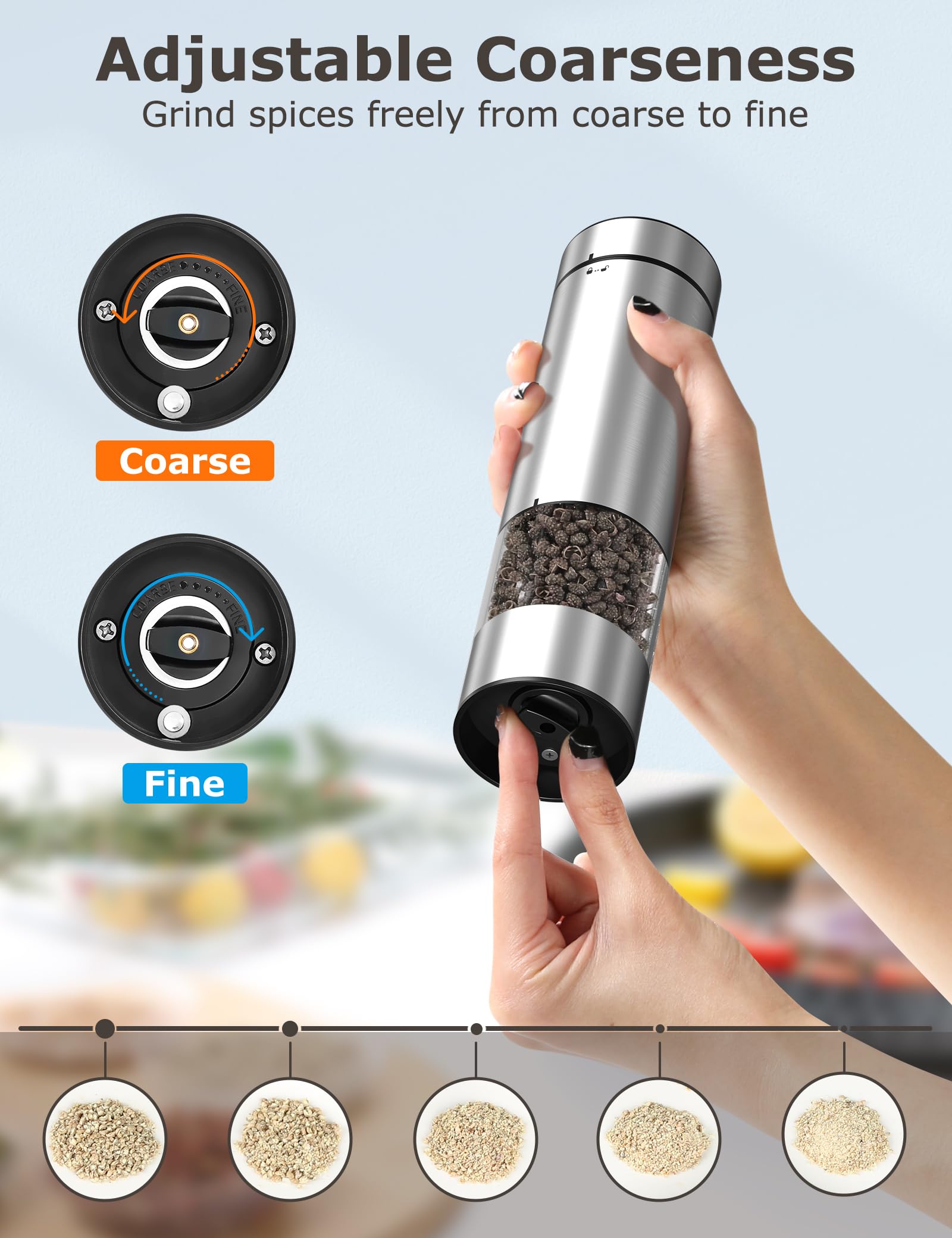 innhom Electric Salt and Pepper Grinder Set - Battery Operated Stainless Steel Automatic Mill with Adjustable Coarseness - Perfect for Kitchen, Dining Table & Outdoor Cooking (1 Pack)
