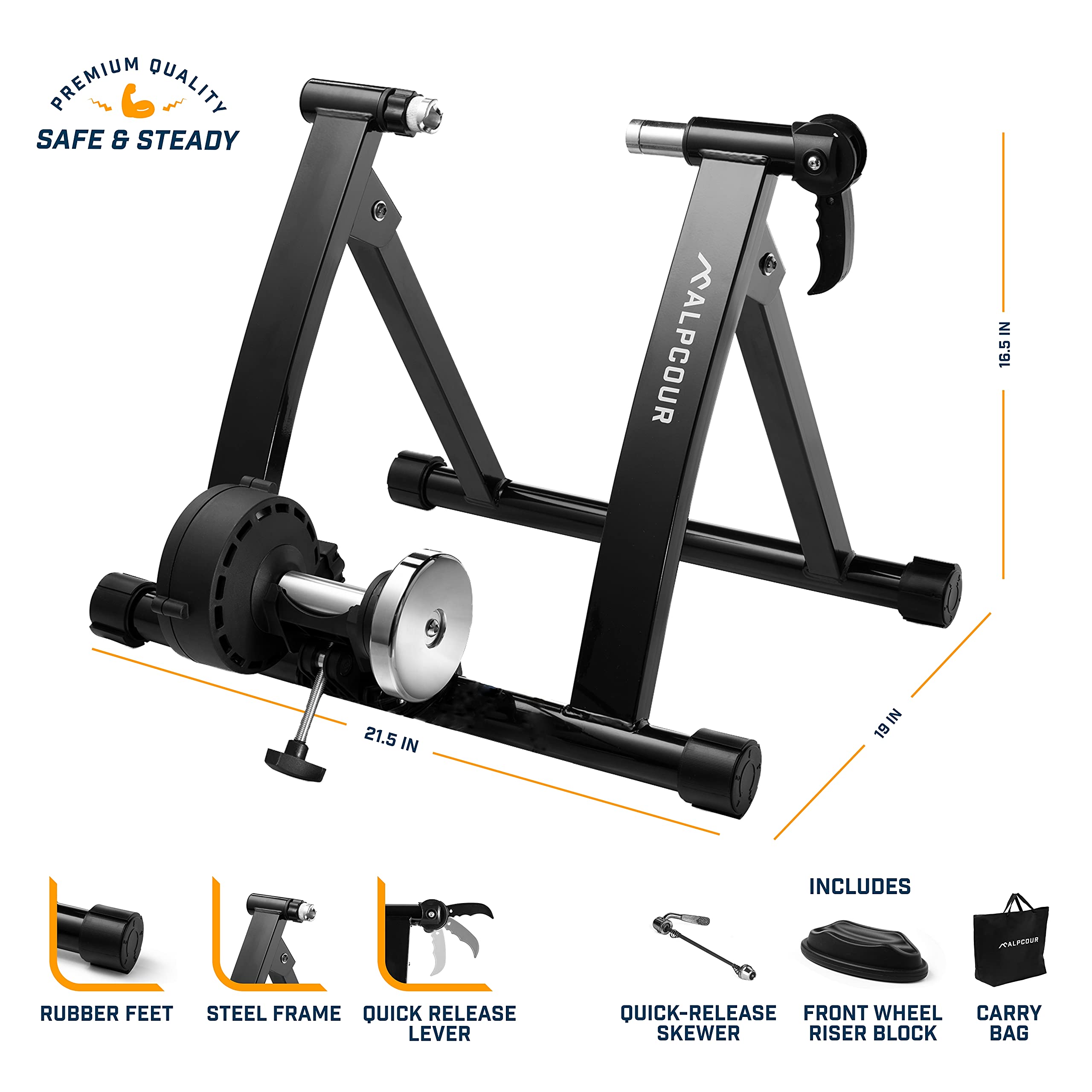 Alpcour Magnetic Bike Trainer Stand - Indoor Cycling Trainer with Portable Fitness Desk & 4-Tier Riser Block - Anti-Skid Design for Home Gym, Workout & Multitasking Office Use