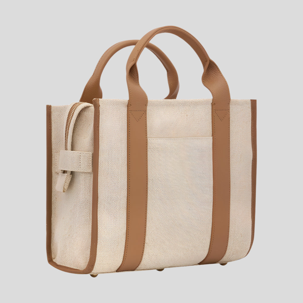 Stylish Small Bon Vivant Structured Tote Bag - Jute Canvas with Tan Leather Trim - Perfect for Work, Travel & Everyday Use