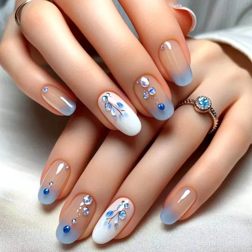 24Pcs Press on Fake Nails with Jelly Glue - Almond Shaped Acrylic Nails with Fresh Flowers French Design for Summer | DIY Manicure at Home, Perfect for Parties, Weddings & Daily Wear