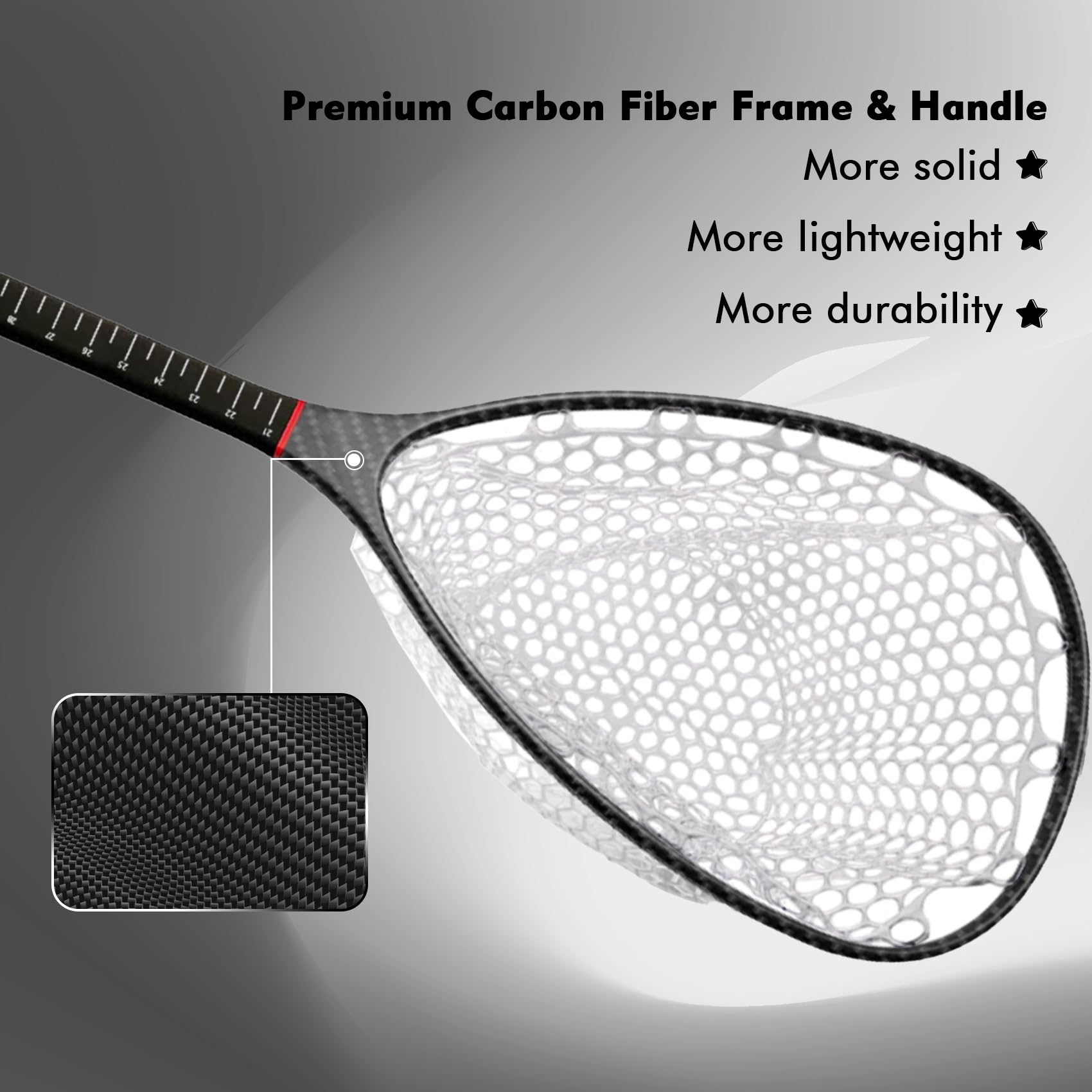 Riverruns Carbon Fiber Fishing Net - Lightweight Floating Fly Fishing Net with Soft Rubber Mesh & Measuring Lines - Ideal for Trout, Bass, and Freshwater Fishing - Perfect for Catch-and-Release, Kayak Fishing, and Stream Wading