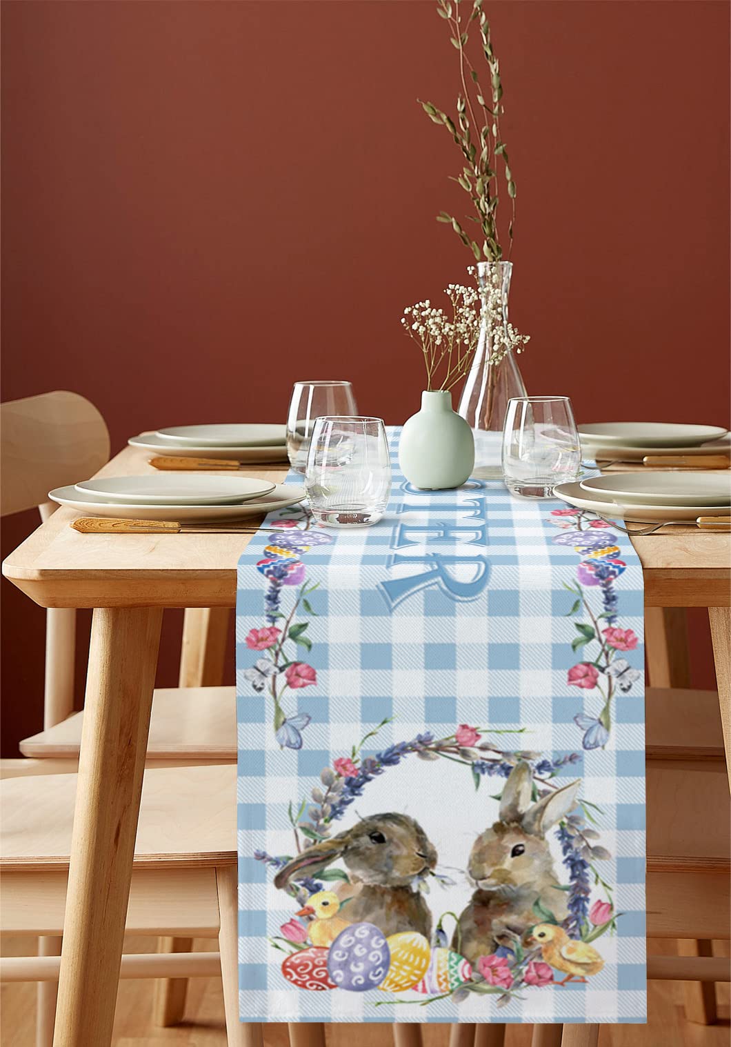 Easter Bunny Eggs Table Runner 36 Inch - Buffalo Plaid Cotton Tablecloth for Parties, Weddings, Coffee & Dining Tables - Spring Home Decor for Easter Celebrations & Holiday Gatherings