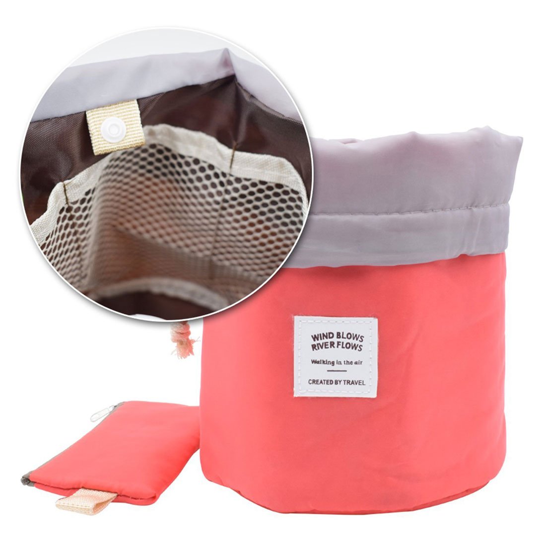INVODA Large Waterproof Travel Makeup Bag for Women - Barrel Shaped Cosmetic Organizer with Drawstring, Soft Portable Toiletry Bag for Makeup Brushes & Essentials (Red) - Perfect for Vacation, Gym & Daily Use