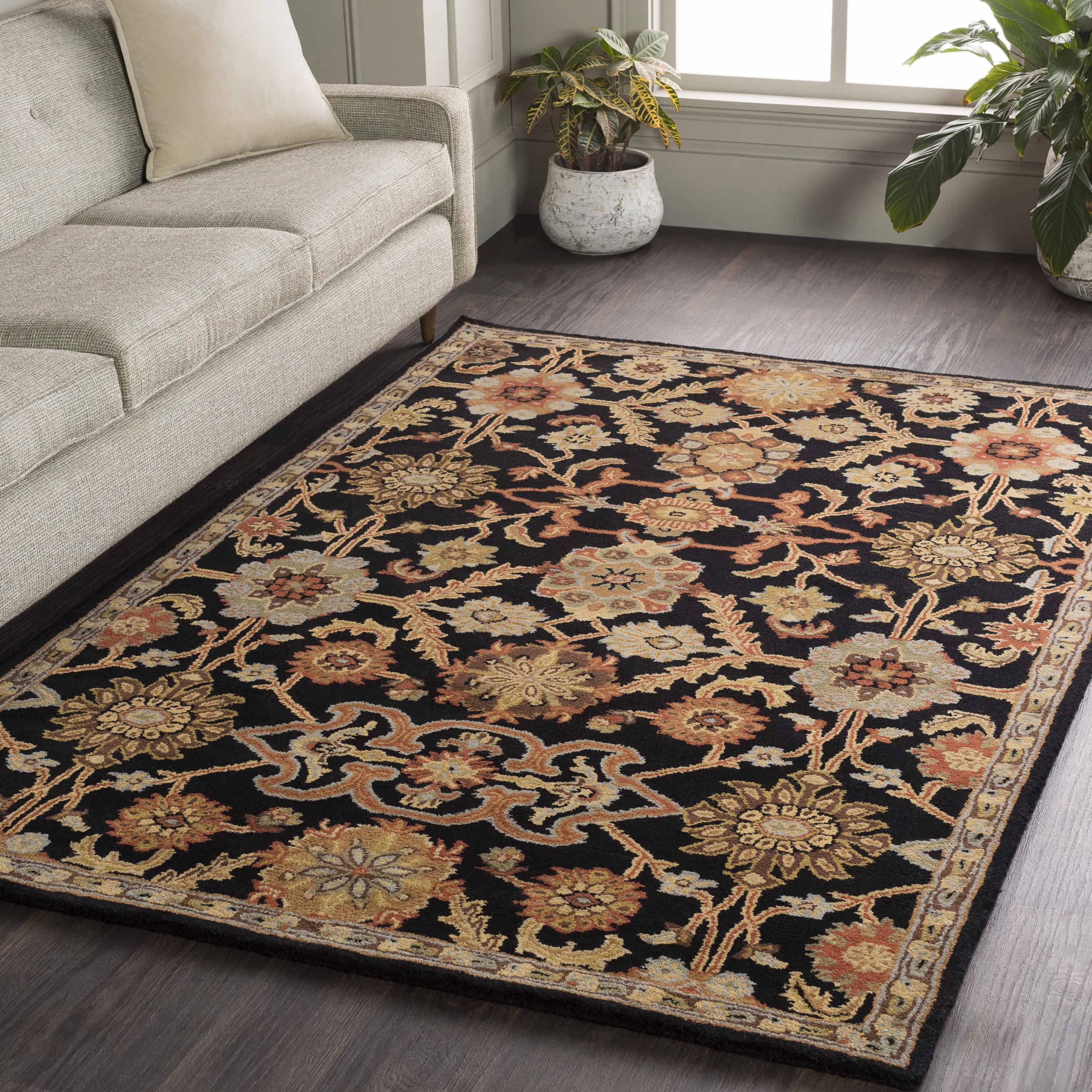 Hauteloom Salix Wool Area Rug for Living Room & Bedroom - Traditional Design in Black, Brown, Red - 6' Round - Soft & Durable Home Decor for Cozy Spaces