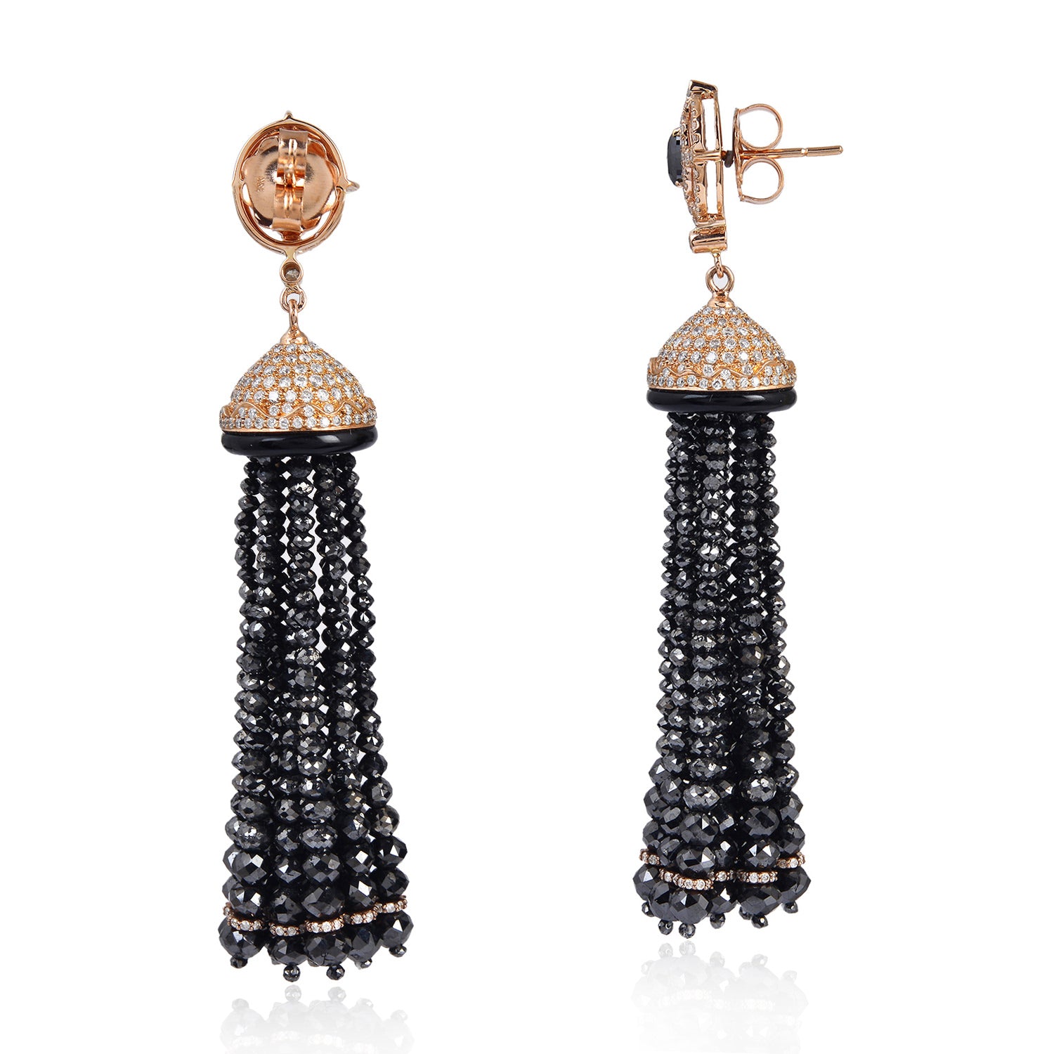 18K Rose Gold Black Onyx Gemstone Beads with Ice Diamond Tassel Drop Earrings - Elegant Jewelry for Women, Perfect for Parties, Weddings & Special Occasions