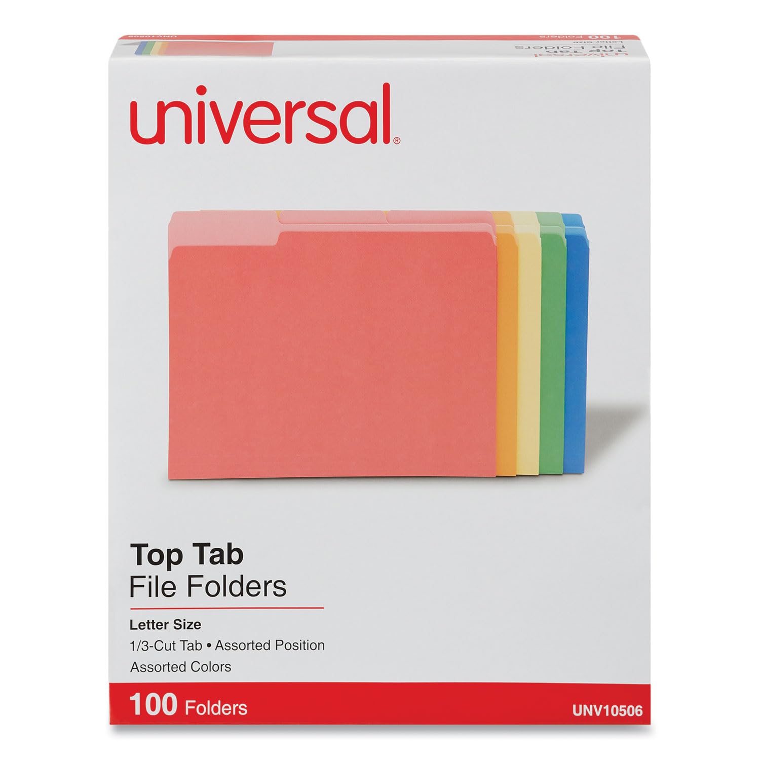 Universal 10506 File Folders, 1/3 Cut Single-Ply Top Tab, Letter Size, Assorted Colors, 100/Box - Perfect for Office Organization, School Supplies & Home Filing Systems