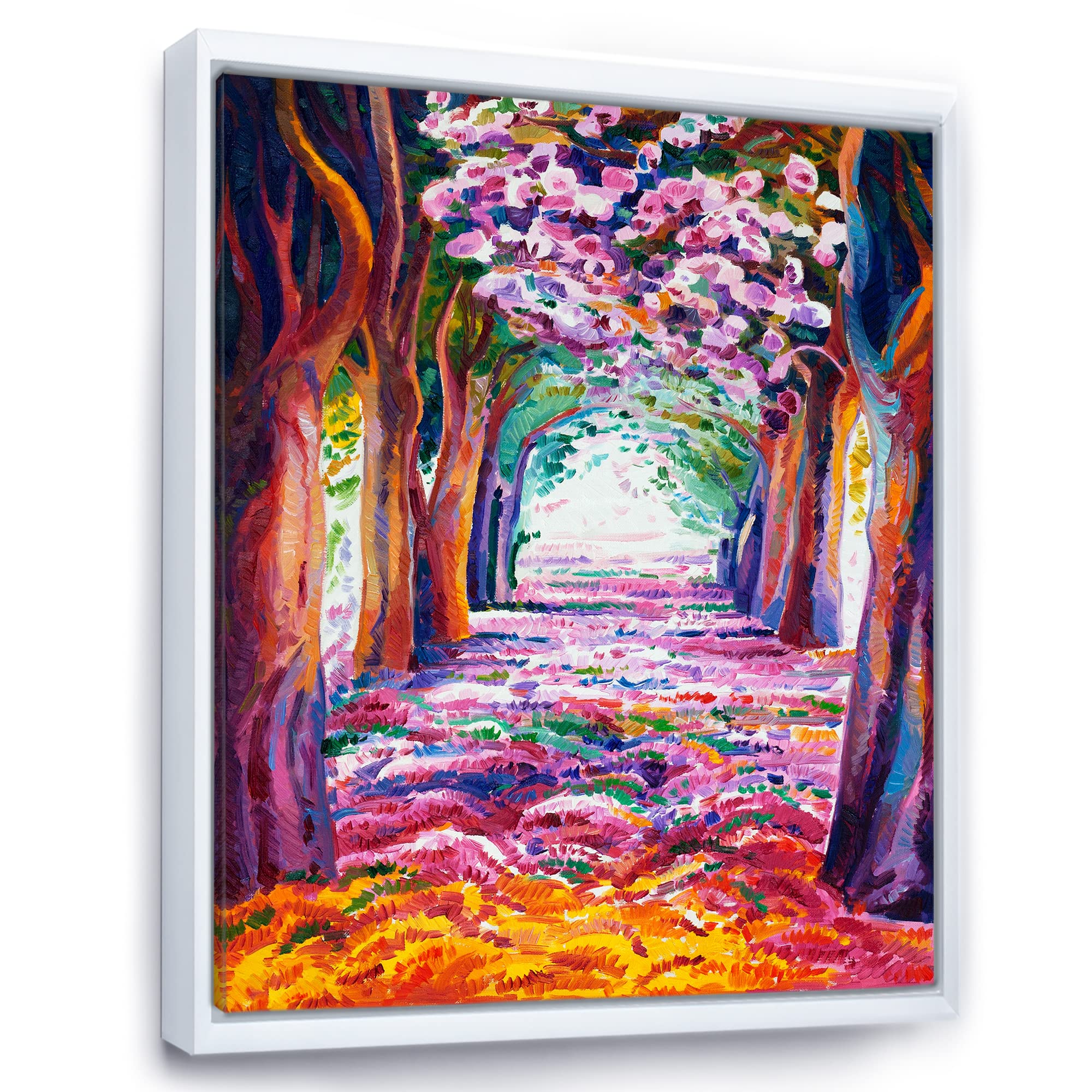 DesignQ Pink Flowering Spring Forest - Lake House Framed Canvas Wall Art Print, Purple, 20x12 Inches - Perfect for Living Room, Bedroom & Office Decor