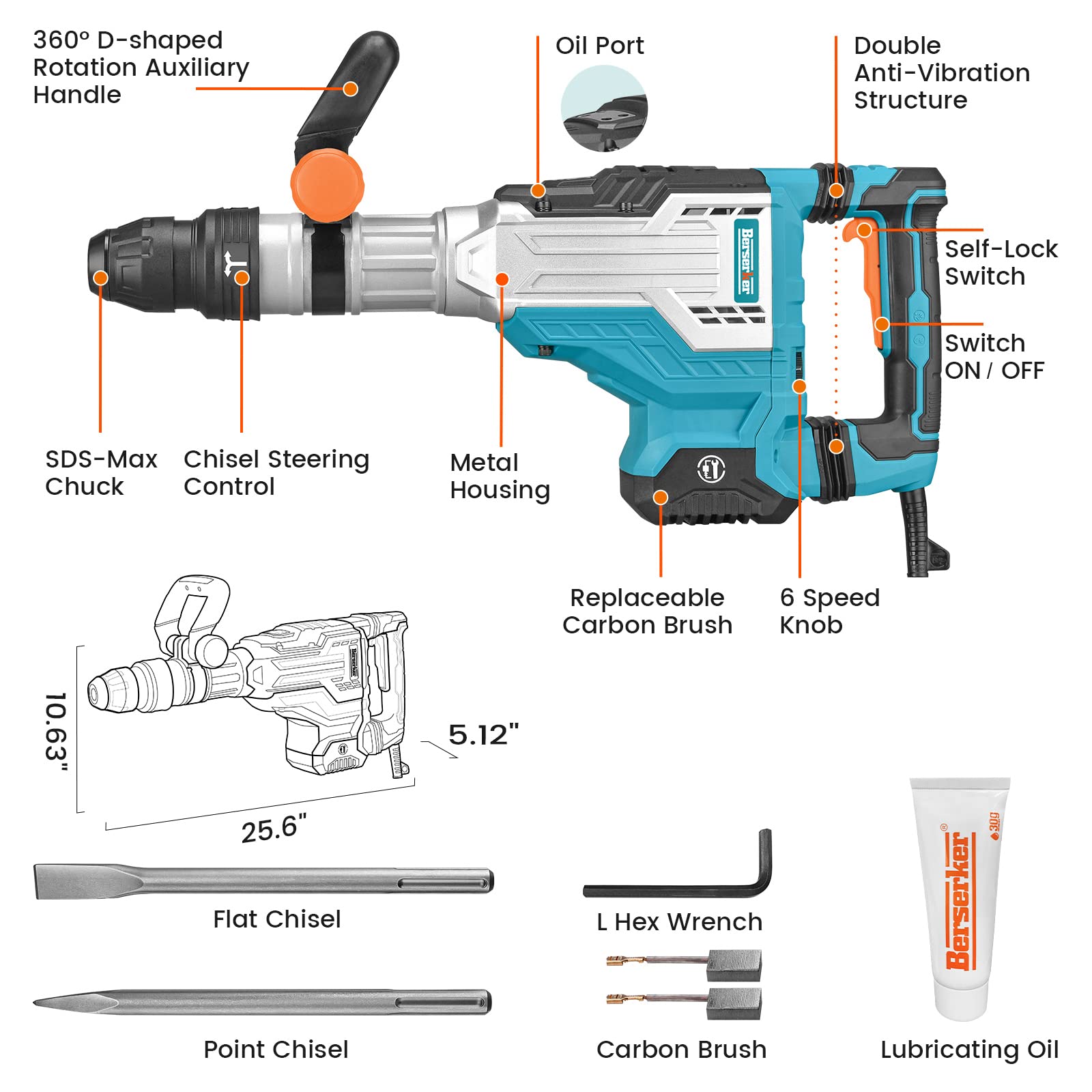 1700W 25-Pound SDS-Max Demolition Jack Hammer - 14-Amp Corded Electric Heavy Duty Concrete Breaker with Flat Chisel & Bull Point Chisel - Ideal for Demolishing Concrete, Pavement, Rocks - Includes Carrying Case