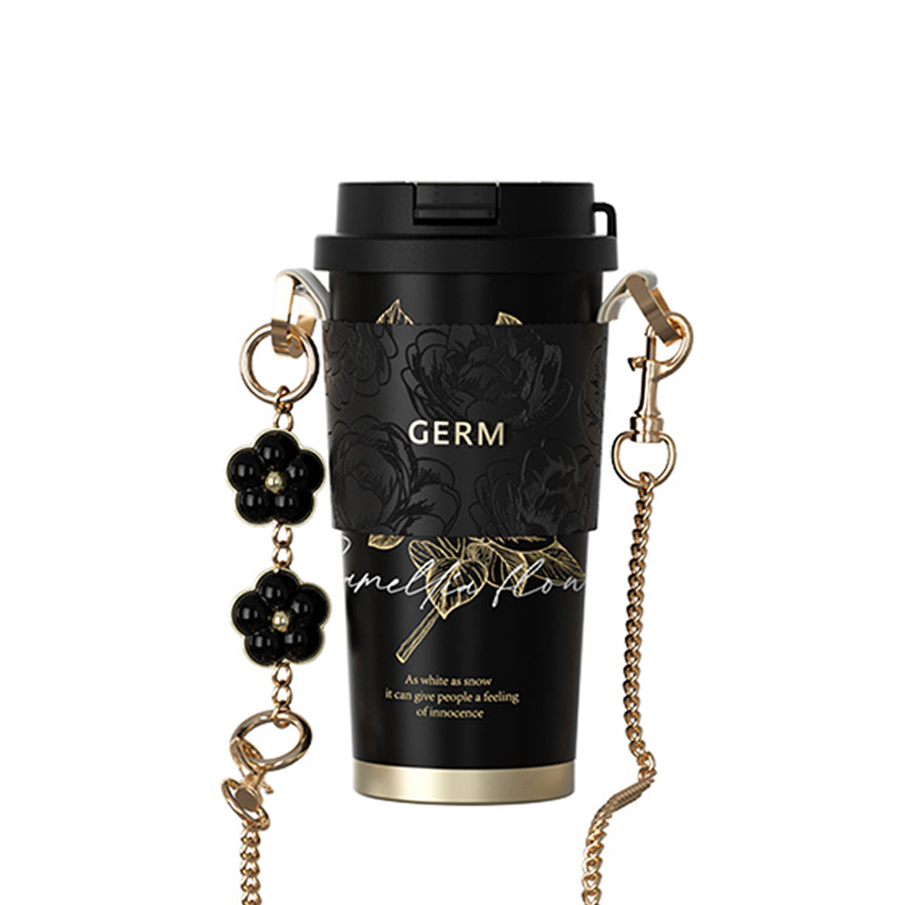 GERM Camelia Blossom 500ml Vacuum Insulated Stainless Steel Water Bottle - Black | Leakproof Thermos for Coffee, Tea & Hot/Cold Drinks | Perfect for Office, Travel & Outdoor Activities