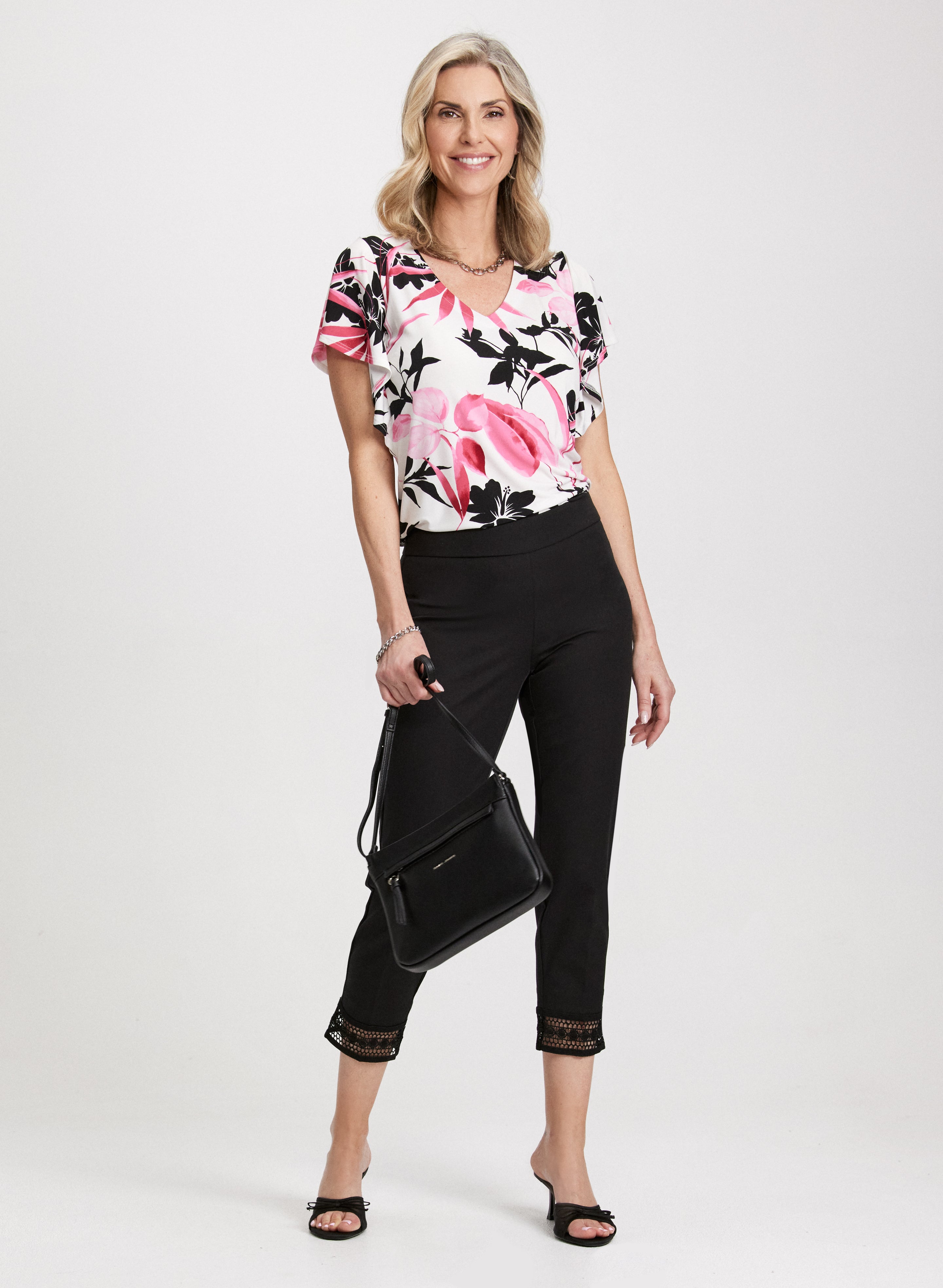 Floral Print Flutter Sleeve Blouse & Stretchy Pull-On Ankle Pants Set - Women's Casual Outfit for Spring Summer, Perfect for Office, Date Night and Weekend Brunch