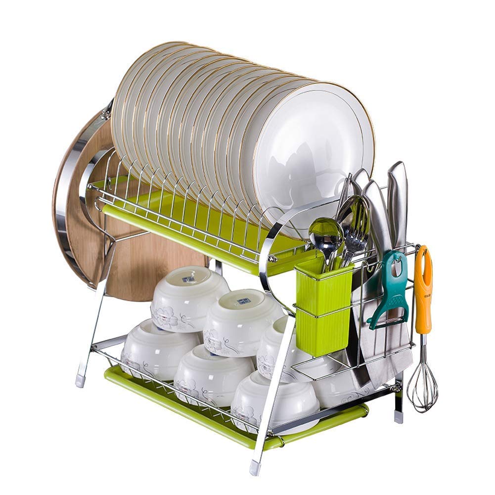 XLAHD 2-Tier Chrome Dish Drying Rack with Cutlery Drainer & Cutting Board Holder - Space-Saving Kitchen Organizer for Countertop or Wall Mount (50x26x35cm) - Perfect for Small Kitchens, Apartments & RV Living