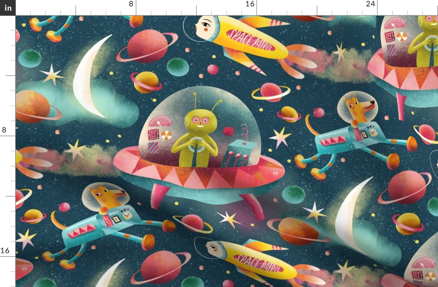Space-Themed Printed Organic Cotton Sateen Fabric by The Yard - Playful Planets, Robots & Spaceship Design for Sewing, Quilting, Apparel & Home Decor | Perfect for Kids' Bedding, DIY Projects & Space-Themed Decorations