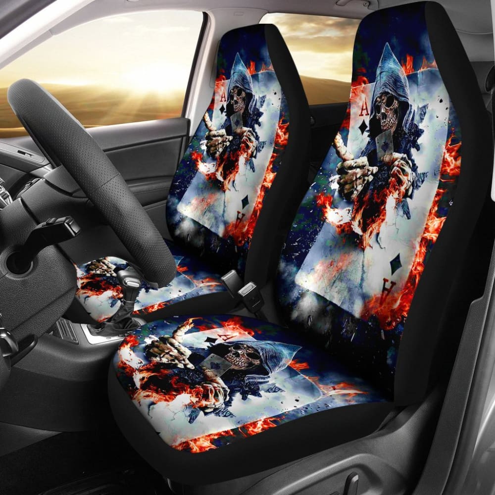 2 Pcs Skull Car Seat Covers - Grim Reaper Design for Halloween & Gothic Decor - Perfect for Cars, Trucks & Motorcycles