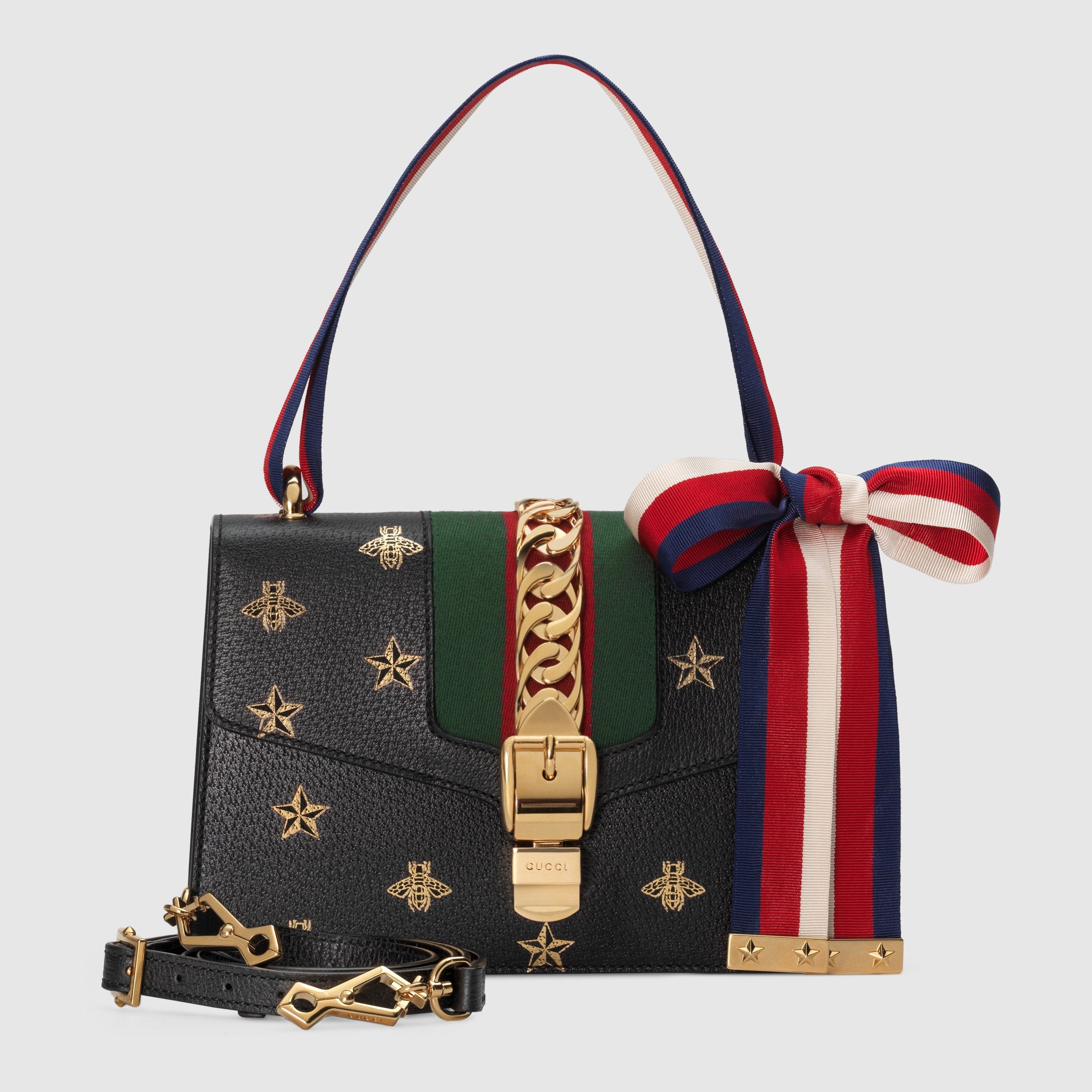 Gucci Sylvie Bee Star Small Shoulder Bag for Women - Luxury Black Leather Crossbody Purse with Gold Chain Strap, Perfect for Date Night, Parties & Special Occasions