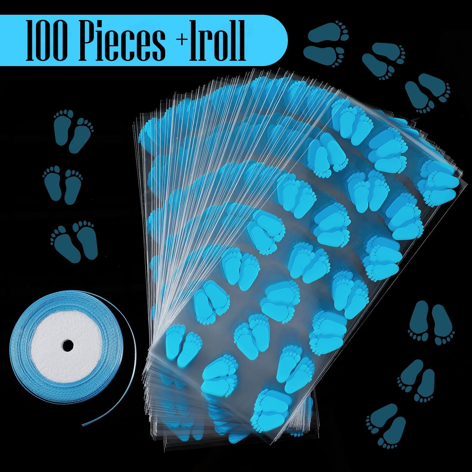 100 Pack Baby Shower Treat Bags for Boys - Blue Cellophane Candy Party Favor Bags with Ribbons | Baby Shower, Birthday Party Supplies & Gift Bags for Newborn Celebrations, Gender Reveals, Baptisms