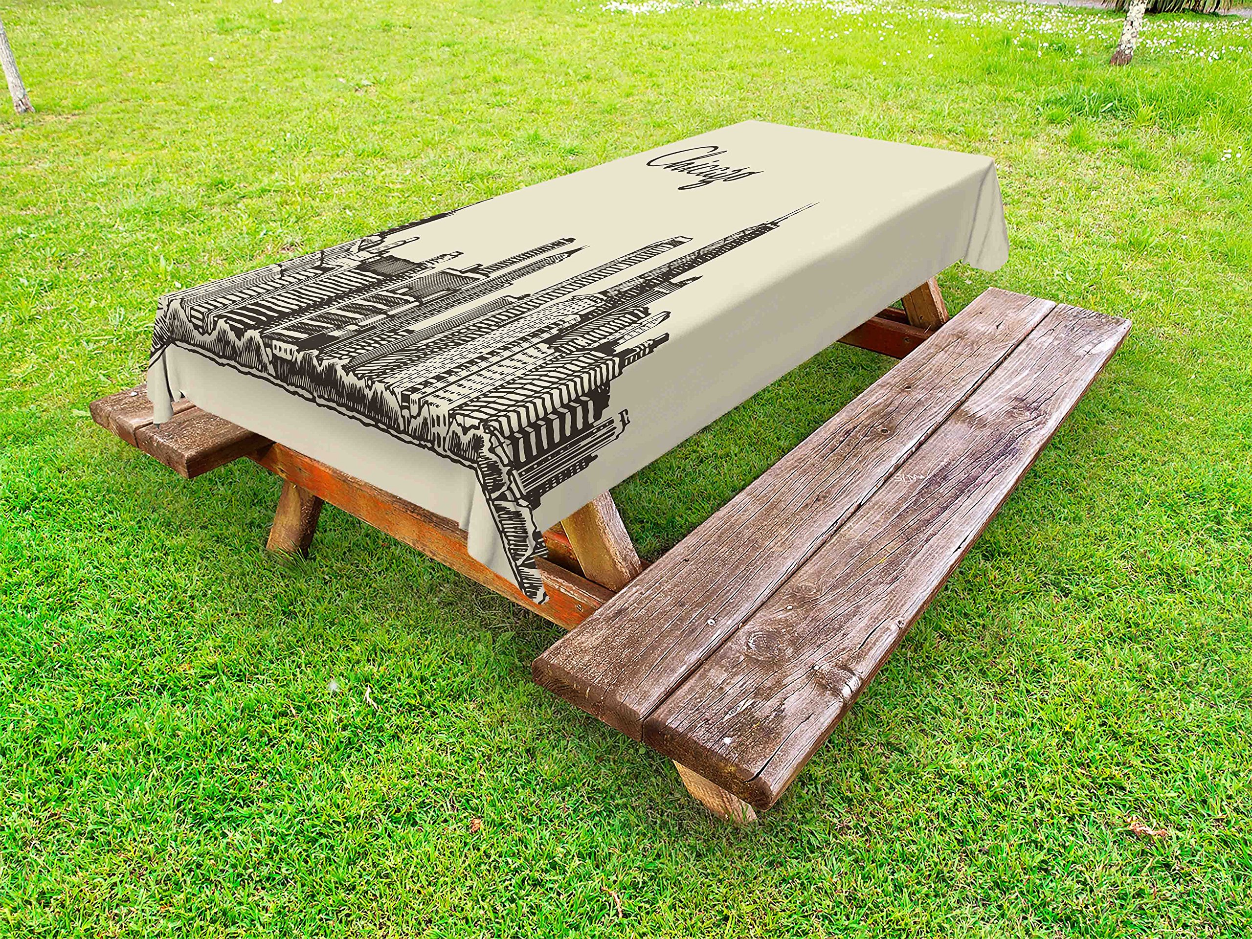 Ambesonne Chicago Skyline Vintage Outdoor Tablecloth - Washable Picnic Table Cover 58x84 Inches in Beige Dark Brown - Perfect for Backyard BBQs, Patio Parties & Picnics