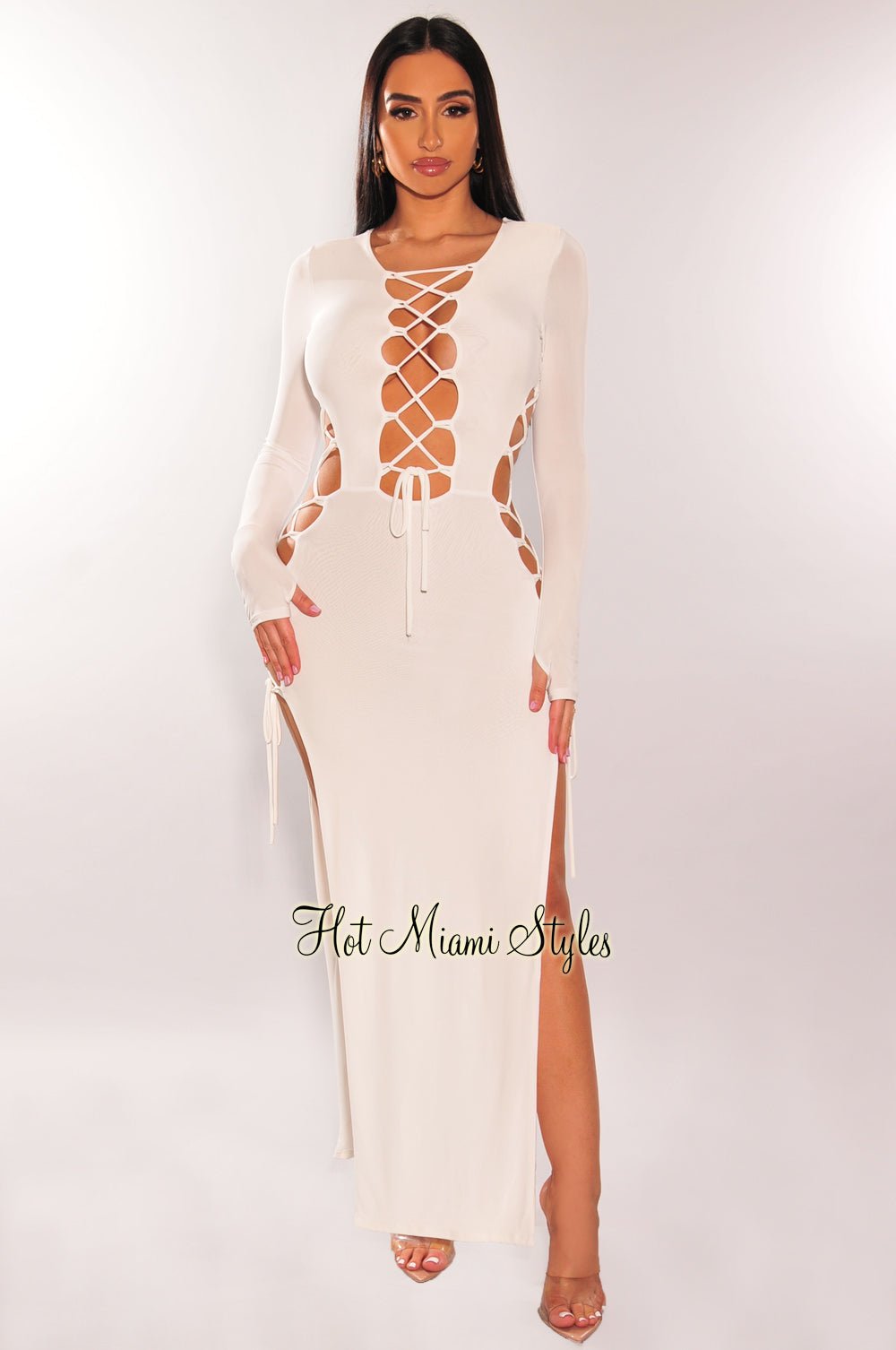 Elegant White Lace Up Long Sleeve Double Slit Dress for Women - Perfect for Weddings, Parties & Date Nights