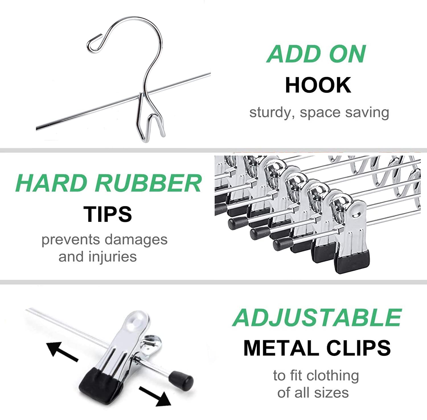 Amber Home 12 Pack Heavy Duty Stackable Metal Pants & Skirt Hangers with 2 Adjustable Clips - Space Saving Cascading Closet Organizer for Jeans, Slacks, Dresses - Perfect for Closet, Wardrobe & Laundry Room Organization