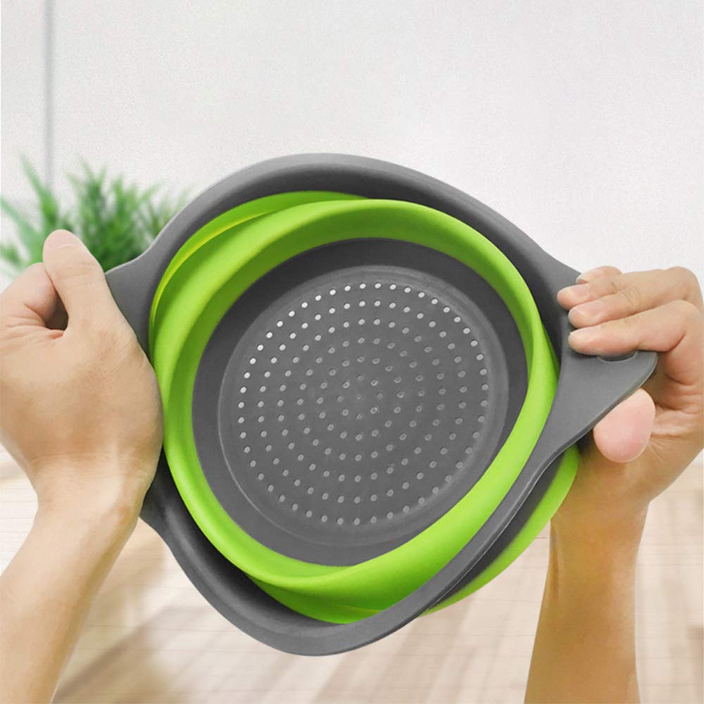 2-Pack Foldable Silicone Colander - Collapsible Strainer Basket for Washing Fruits & Vegetables - Green Kitchen Drainer with Handle - Perfect for Camping, Small Kitchens & RV Cooking