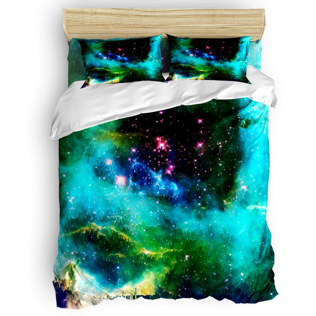 Millxiu 4-Piece Luxury Galaxy Nebula Bedding Set - Full Size Duvet Cover, Fitted Sheet & 2 Pillowcases - Space Themed Bedding for Teens, Kids & Adults - Perfect for Cozy Sleep & Stellar Bedroom Decor (Green)