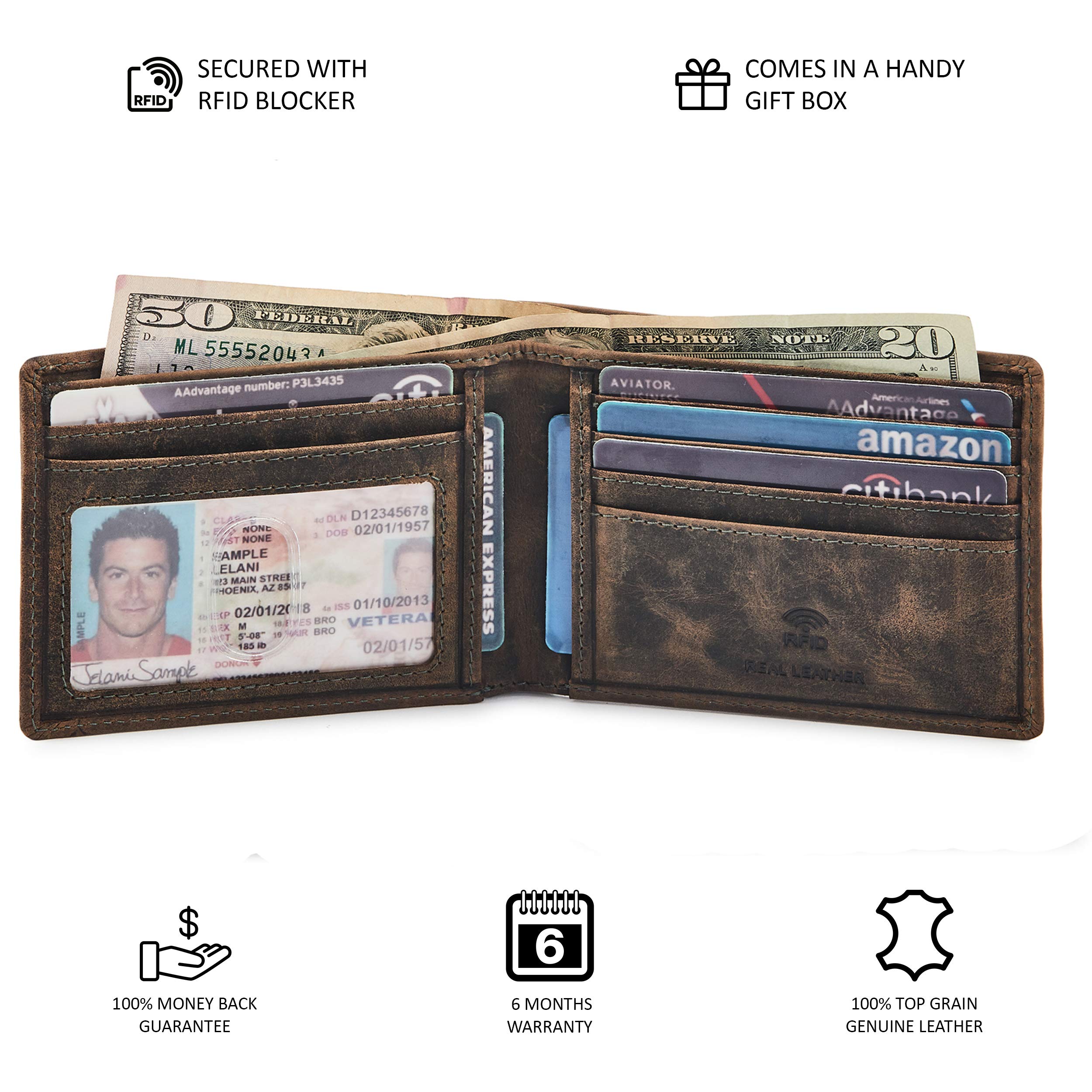 Genuine Leather Men's RFID Blocking Bifold Wallet - Slim Minimalist Front Pocket Design with ID Window | Thin & Stylish Gift Box (Crazy Horse, Moss) - Perfect for Everyday Carry, Travel & Business Use