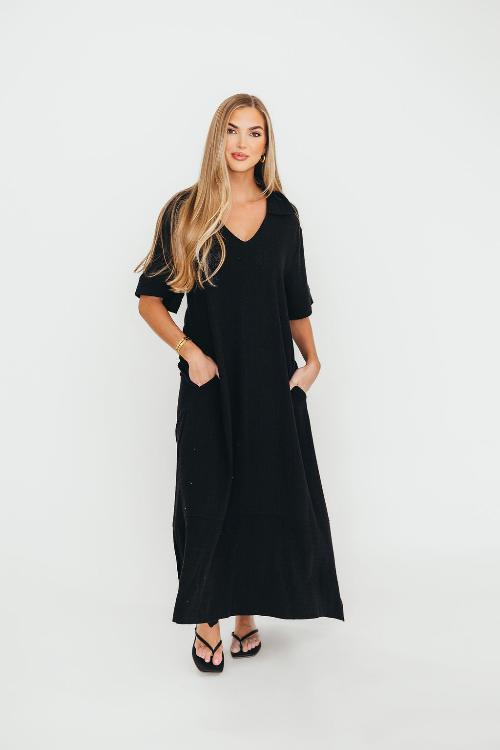 Fallon Black Linen Blend Collared Midi Dress - Bump Friendly Maternity Wear for Work, Parties & Special Occasions