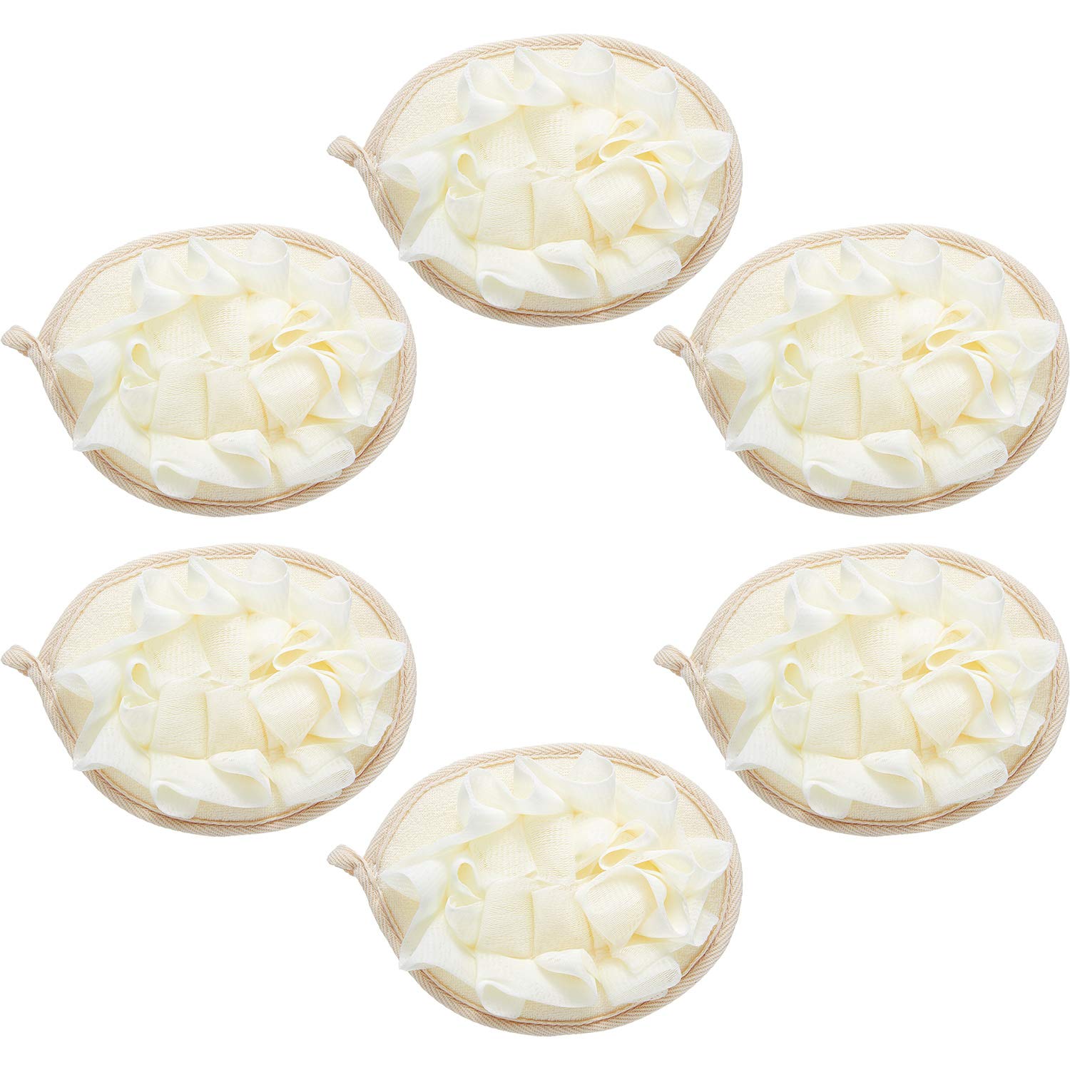 Boao 6-Pack Exfoliating Bath Sponges - Premium Mesh Shower Pouf & Body Scrubber with Flower Bath Ball for Soft Skin (Beige) - Perfect for Daily Shower, Spa & Gift Sets