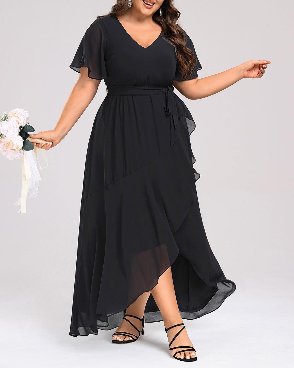 Plus Size Long Chiffon Dress with High Low Split & Ruffle - Elegant Formal Maxi Dress for Women | Wedding Guest, Bridesmaid, Evening Party & Special Occasions