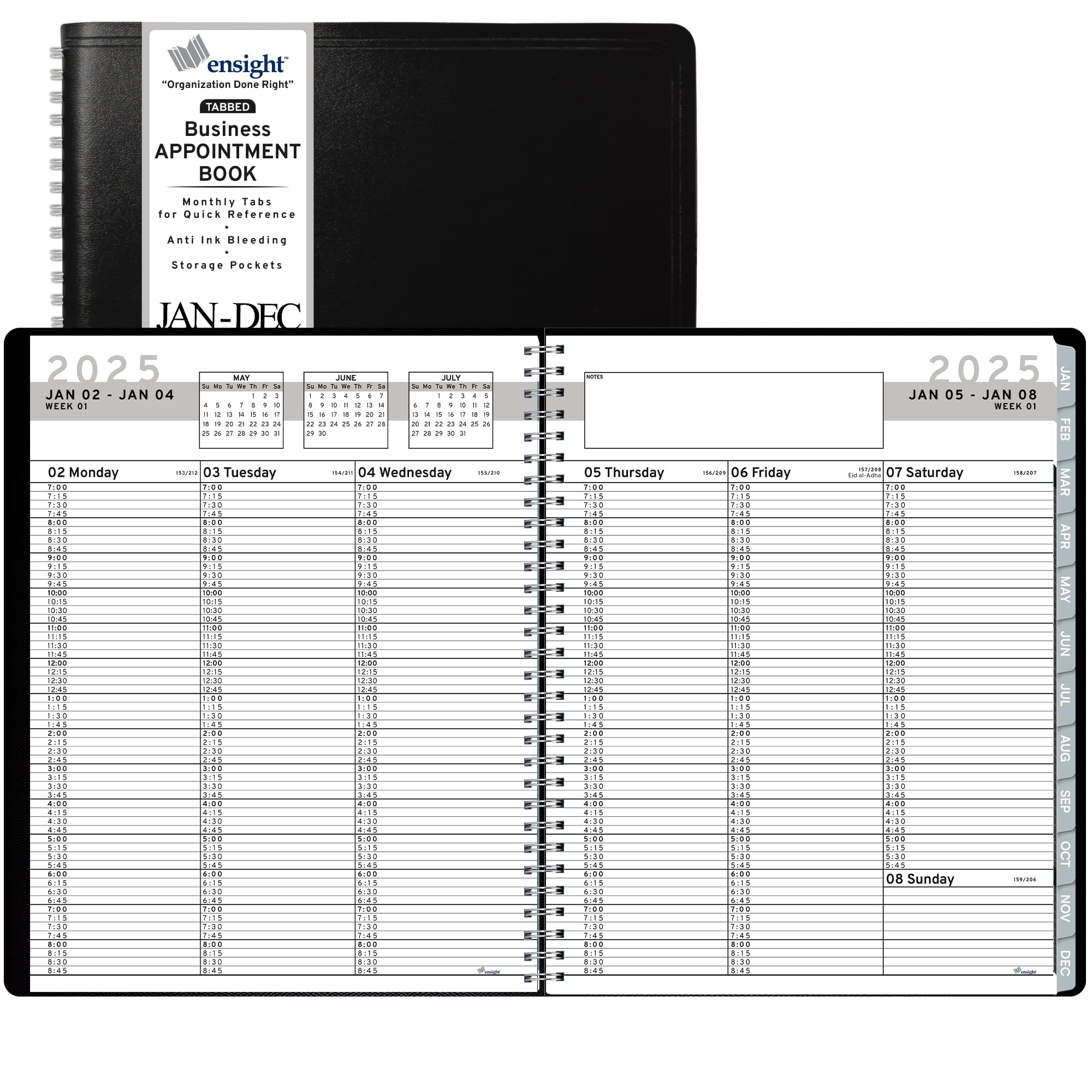 2025 Daily Planner with 15-Minute Time Slots - Large 8.5 x 11 Inch Tabbed Weekly & Monthly Organizer for Business & Personal Use - January to December 2025 Appointment Book - Perfect for Office, School, and Home Scheduling (Black)