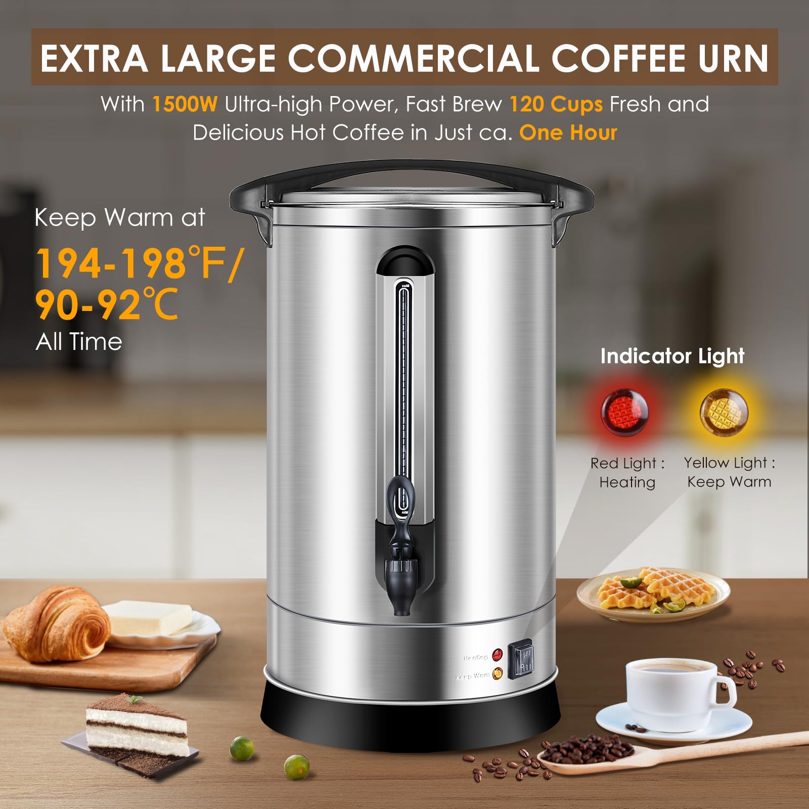 Commercial Coffee Urn 120 Cup (18L) - Extra Large Stainless Steel Hot Water & Coffee Urn - 1500W Quick Brew Electric Percolator for Parties, Events & Catering - Perfect for Church Gatherings, Weddings & Large Offices