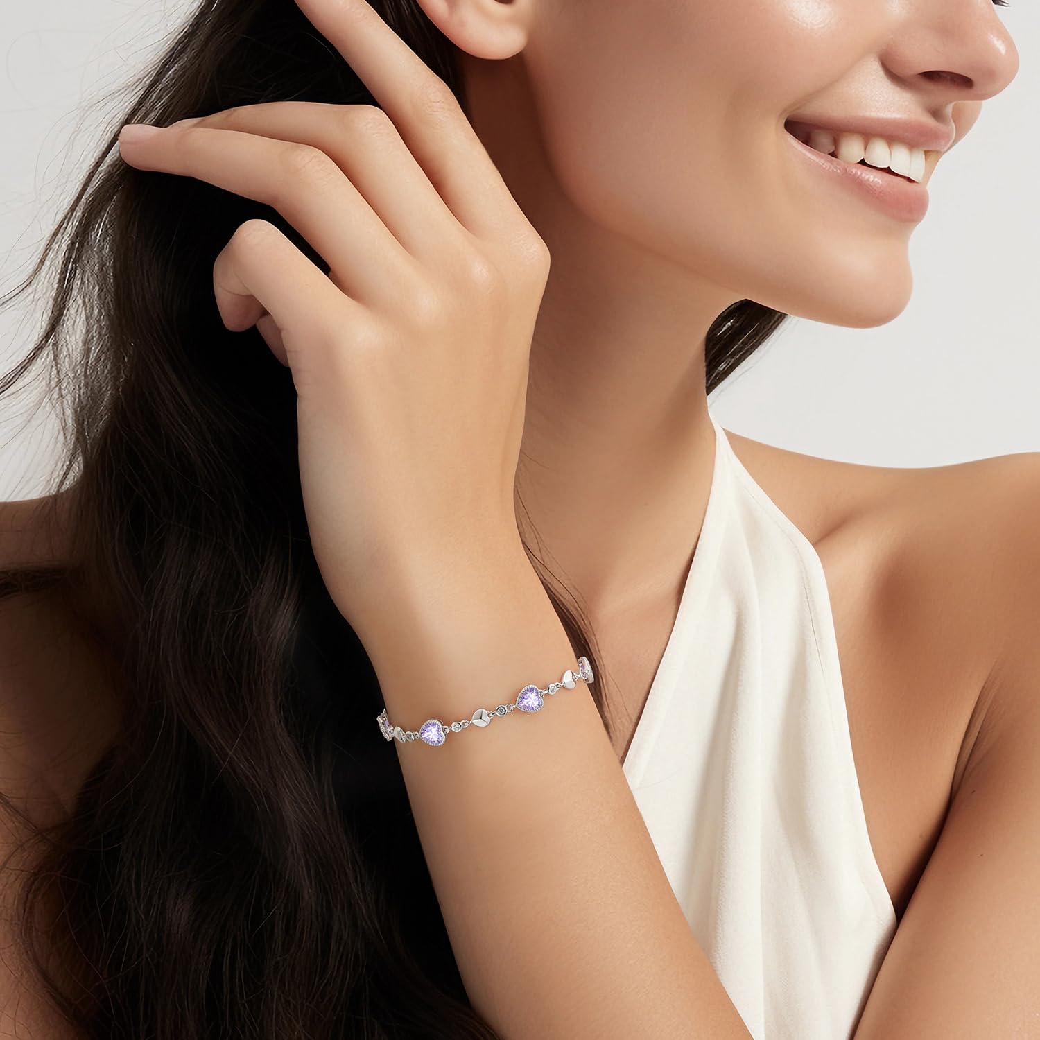 LOUISA SECRET 925 Sterling Silver Five Love Heart Birthstone Charm Link Bracelet for Women - Elegant Jewelry Gift for Wife, Mom, Girlfriend - Perfect for Birthday, Anniversary, Christmas & Everyday Wear