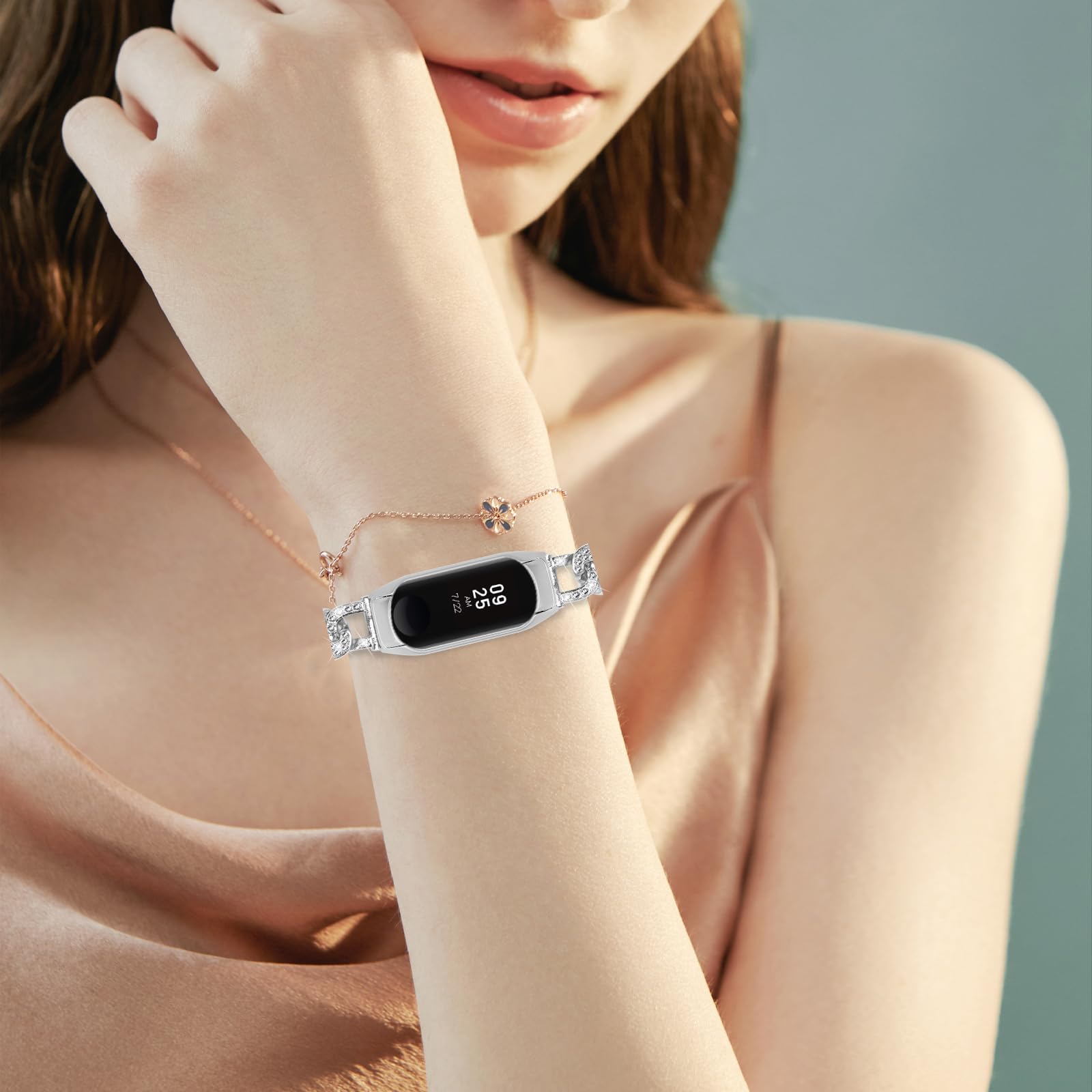RuiRdot Stainless Steel Rhinestone Replacement Strap for Xiaomi Mi Band 5/6 - Adjustable Luxury Bracelet for Women, Perfect for Workouts, Parties & Everyday Wear