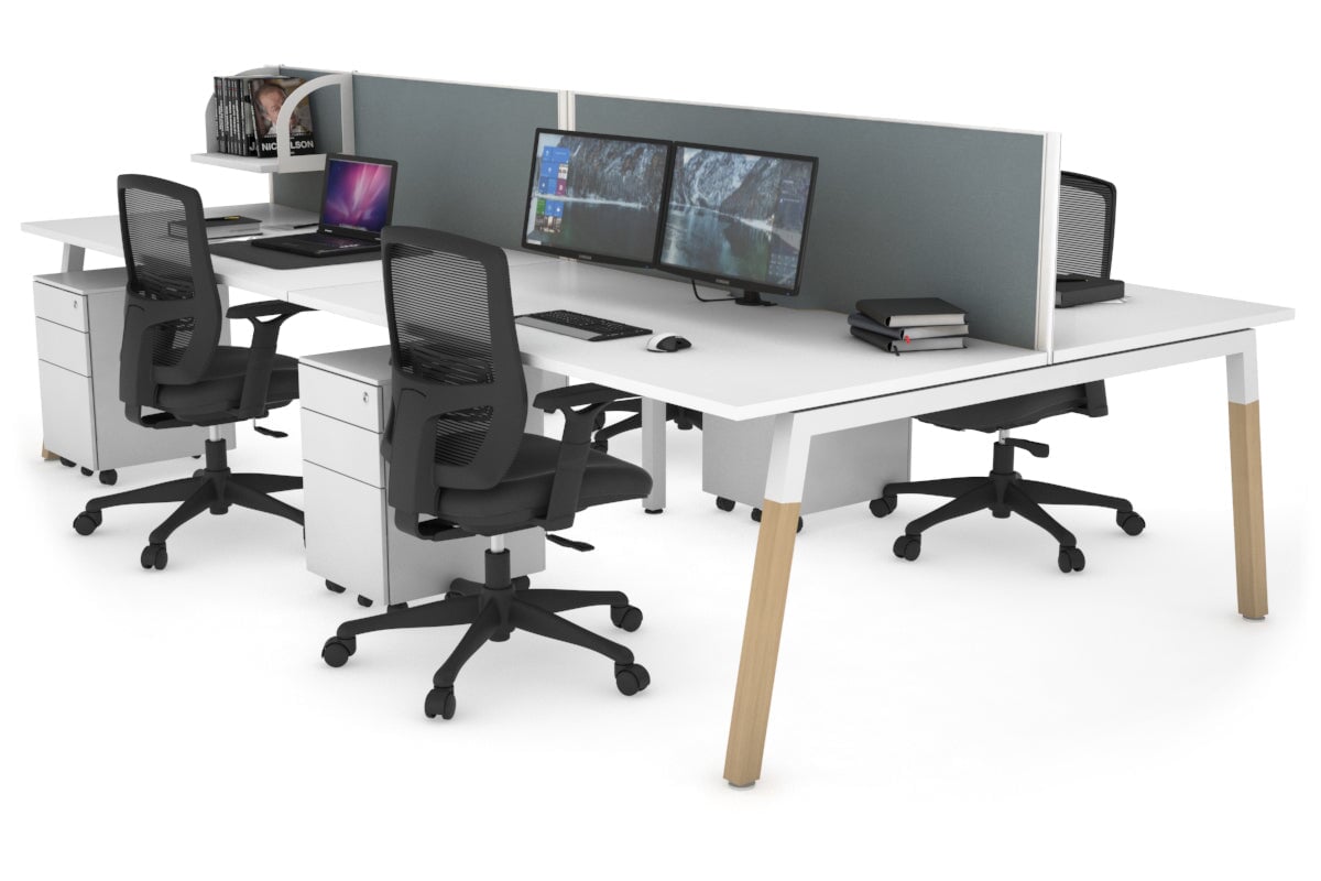 Quadro A Legs 4-Person Office Workstation with Wood Legs & Cross Beam - 1600L x 800W Dimensions with Cable Management Scallop | Perfect for Collaborative Workspaces, Home Offices & Shared Workstations