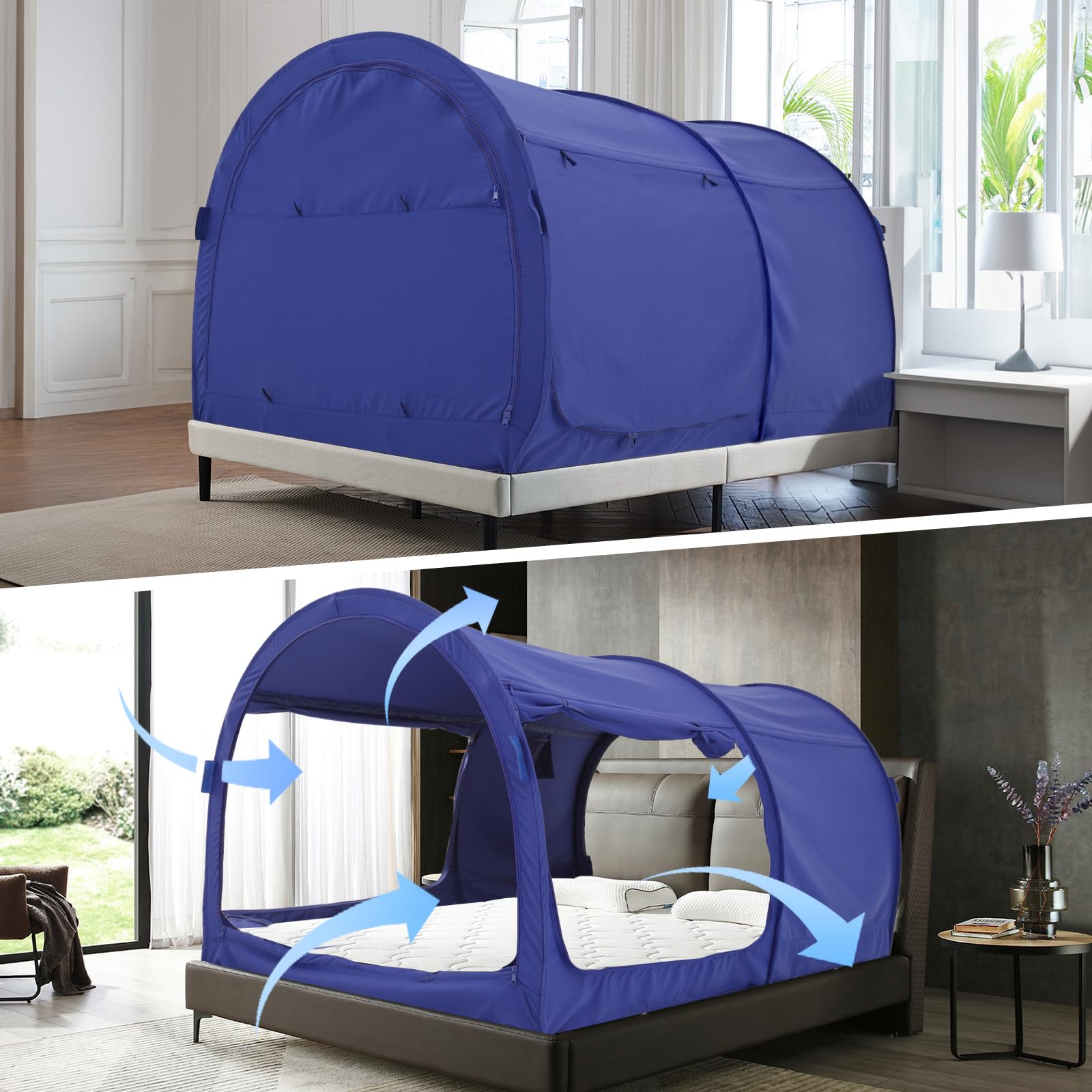 Alvantor Full Size Bed Canopy Tent - Breathable Grey Privacy Sleeping Tent for Adults & Kids, Indoor Pop Up Portable Bed Tent with Frame & Curtains (Mattress Not Included) - Perfect for Bedroom Decor, Light Reduction & Cozy Personal Space