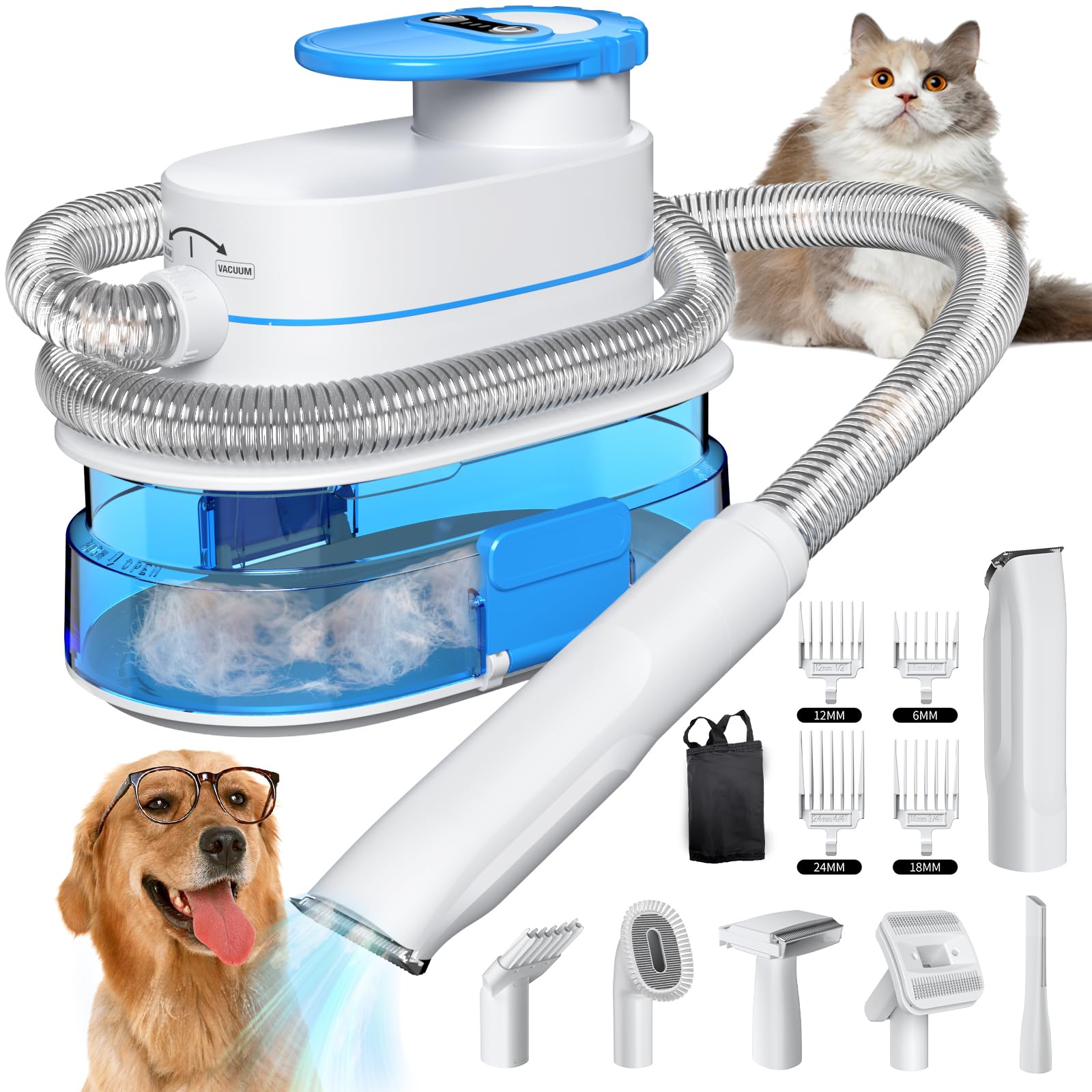 NieMopoty 4L Large Pet Grooming Vacuum Kit - 8-in-1 Dog Brush & Clippers for Shedding, Low Noise Hair Vacuum Groomer for Dogs & Cats (Blue) | Perfect for Home Pet Care & Professional Grooming