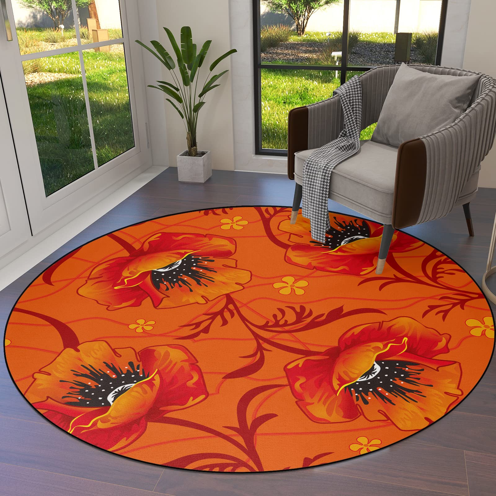 Non-Slip Round Area Rug for Kids - 5ft Burnt Orange Boho Floral Carpet with Poppy Flower Design, Perfect for Living Room, Nursery & Playroom | Safe Crawling Mat for Babies, Durable Floor Decor for Dining & Kitchen