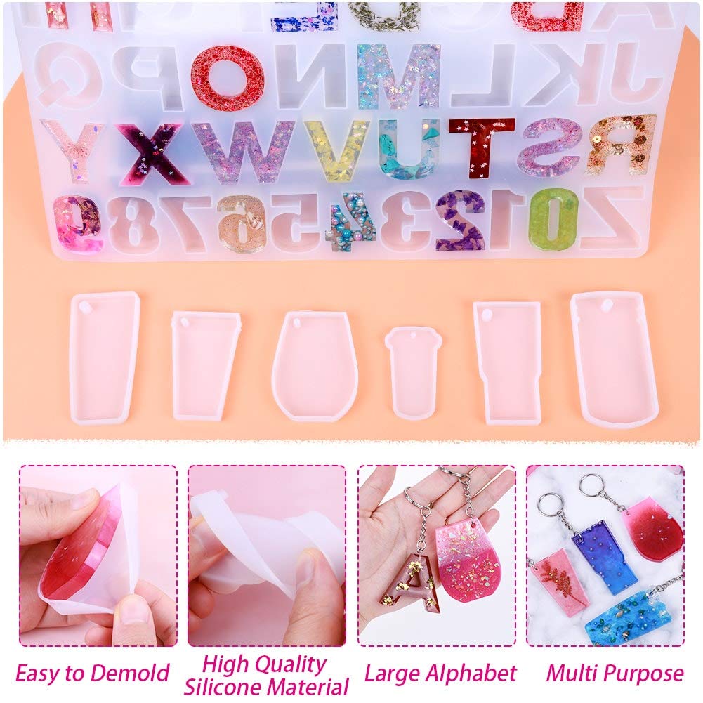 Anezus Alphabet Silicone Resin Molds - Letter & Number Epoxy Molds for DIY Keychain Jewelry Making, Includes Keychain Rings & Pin Vise Set - Perfect for Resin Casting, DIY Gifts, and Handmade Crafts (Ideal for Birthday, Christmas, and Personalized Gifts)