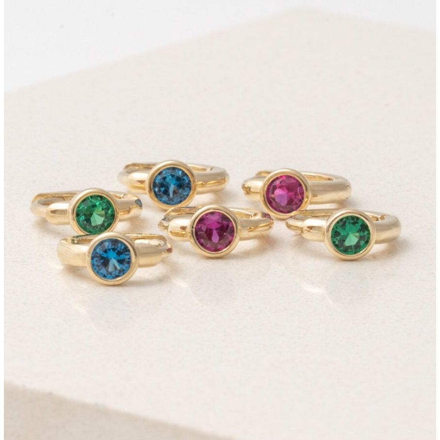 14K Solid Yellow Gold Emerald Huggie Hoop Earrings - Dainty Bezel Set Studs for Women, Perfect for Everyday Wear & Special Occasions